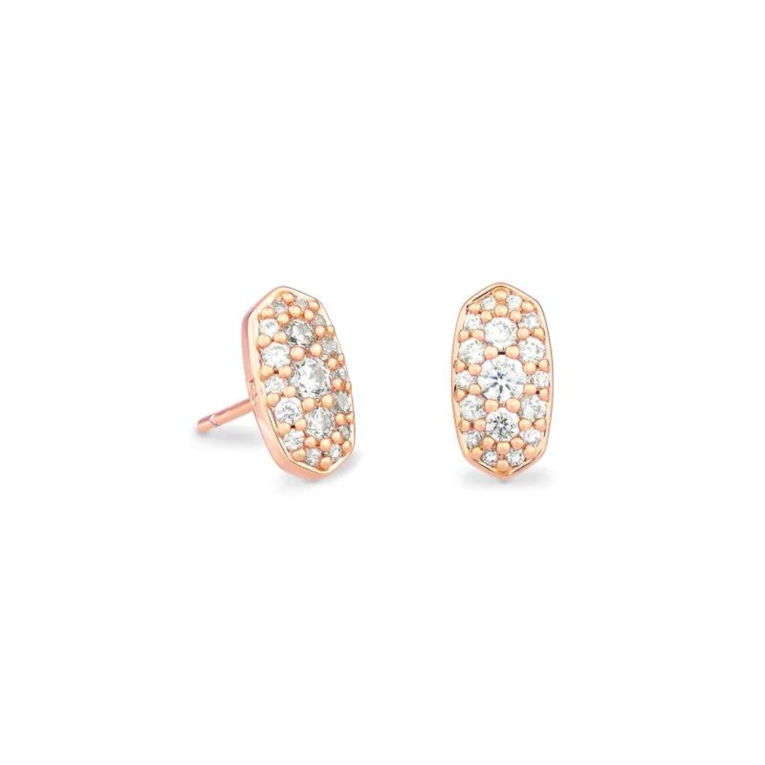Rose gold crystal stud earrings, pictured on a white background.