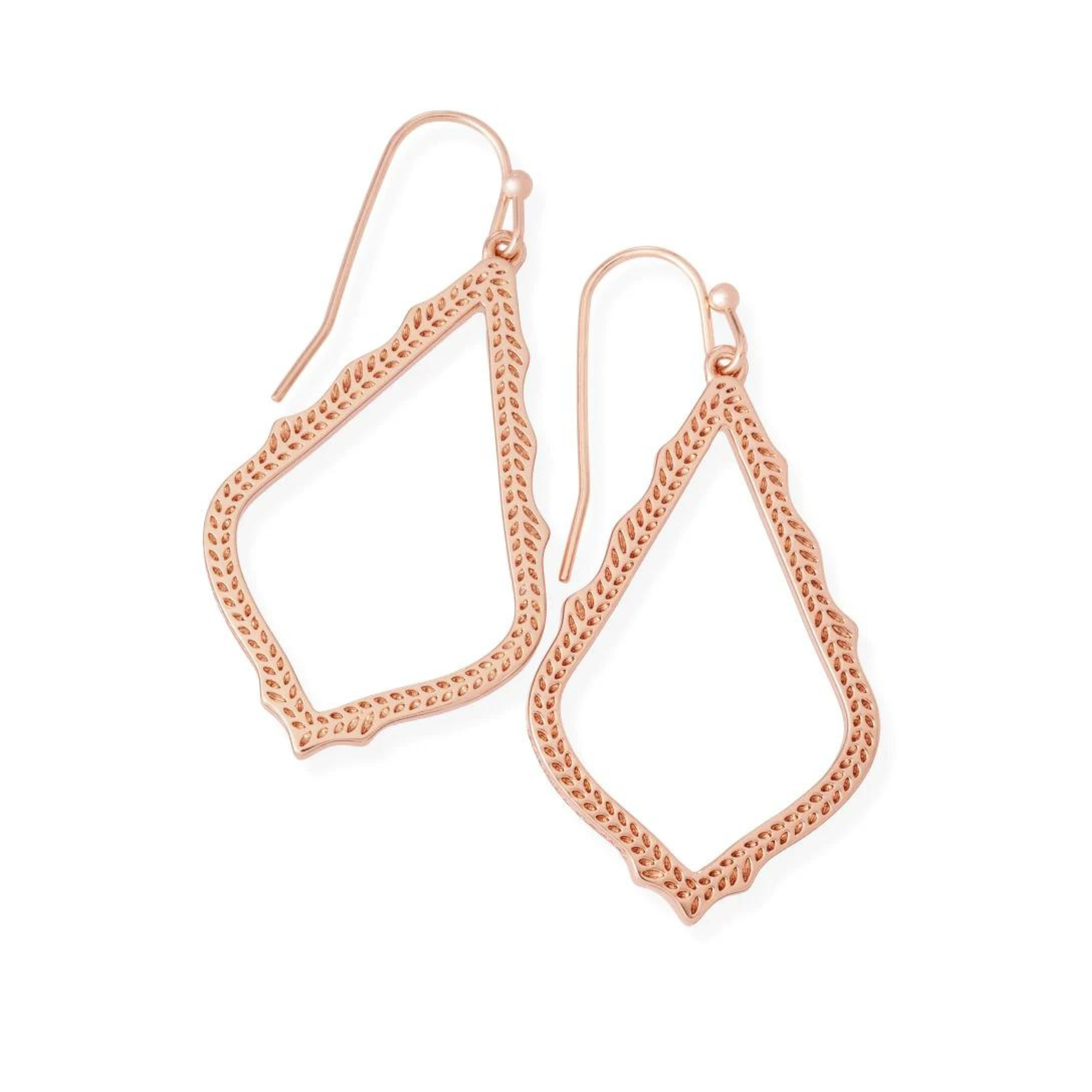 Rose gold dangle earrings, pictured on a white background.