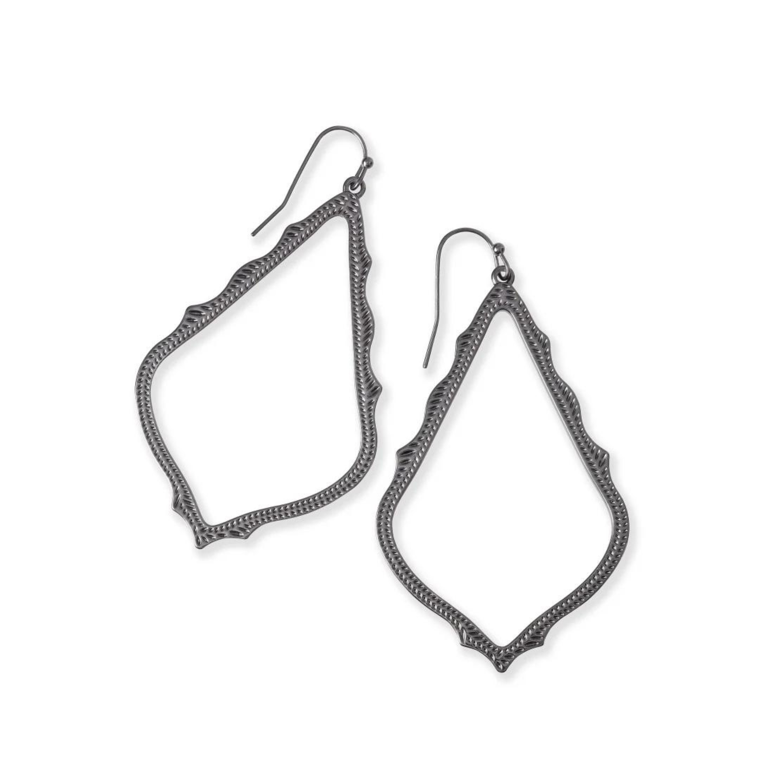 Gunmetal dangle earrings, pictured on a white background.