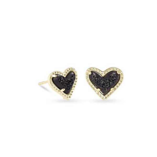 Gold stud heart earrings with black drusy stones, pictured on a white background.