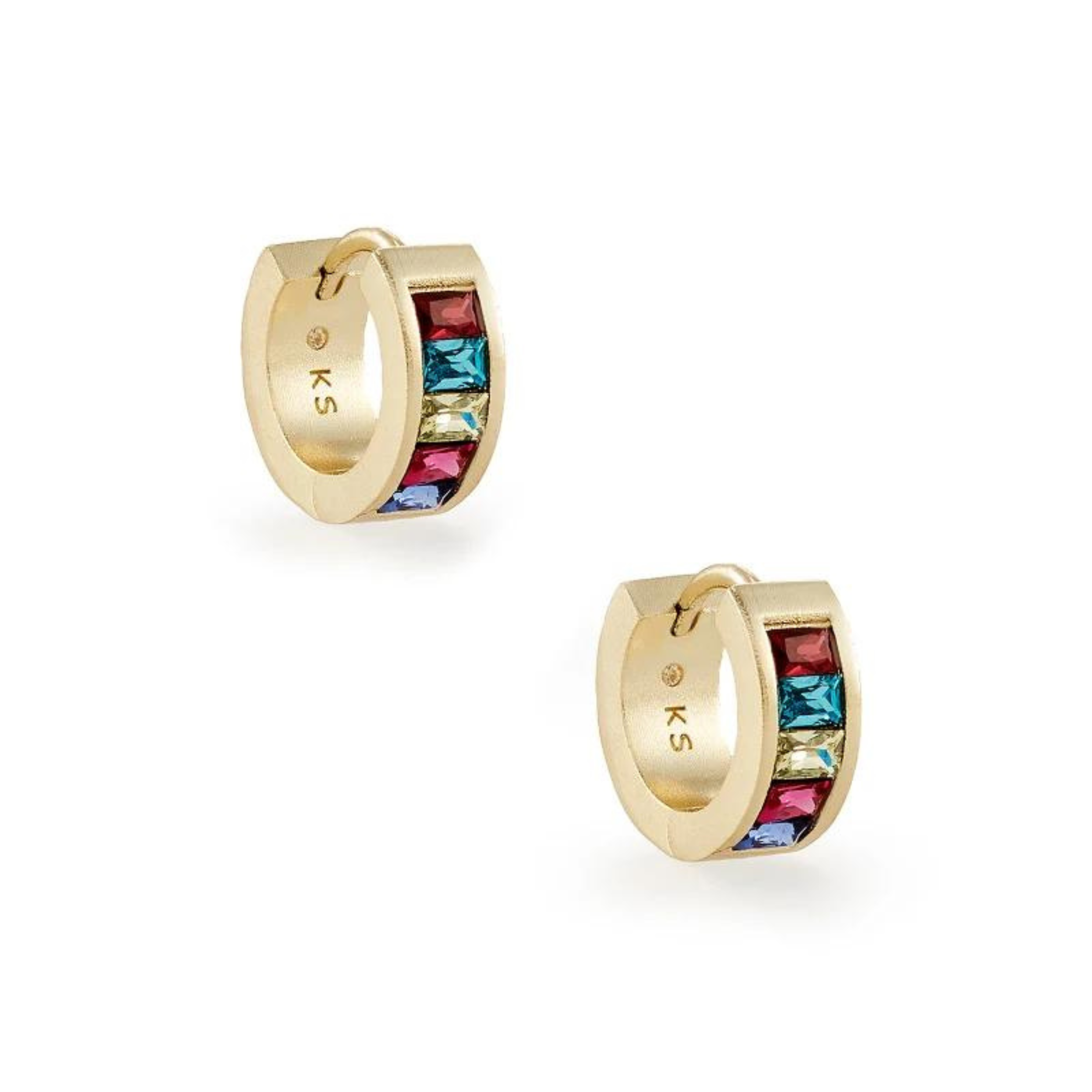 Gold huggie earrings with multicolored crystals, pictured on a white background.