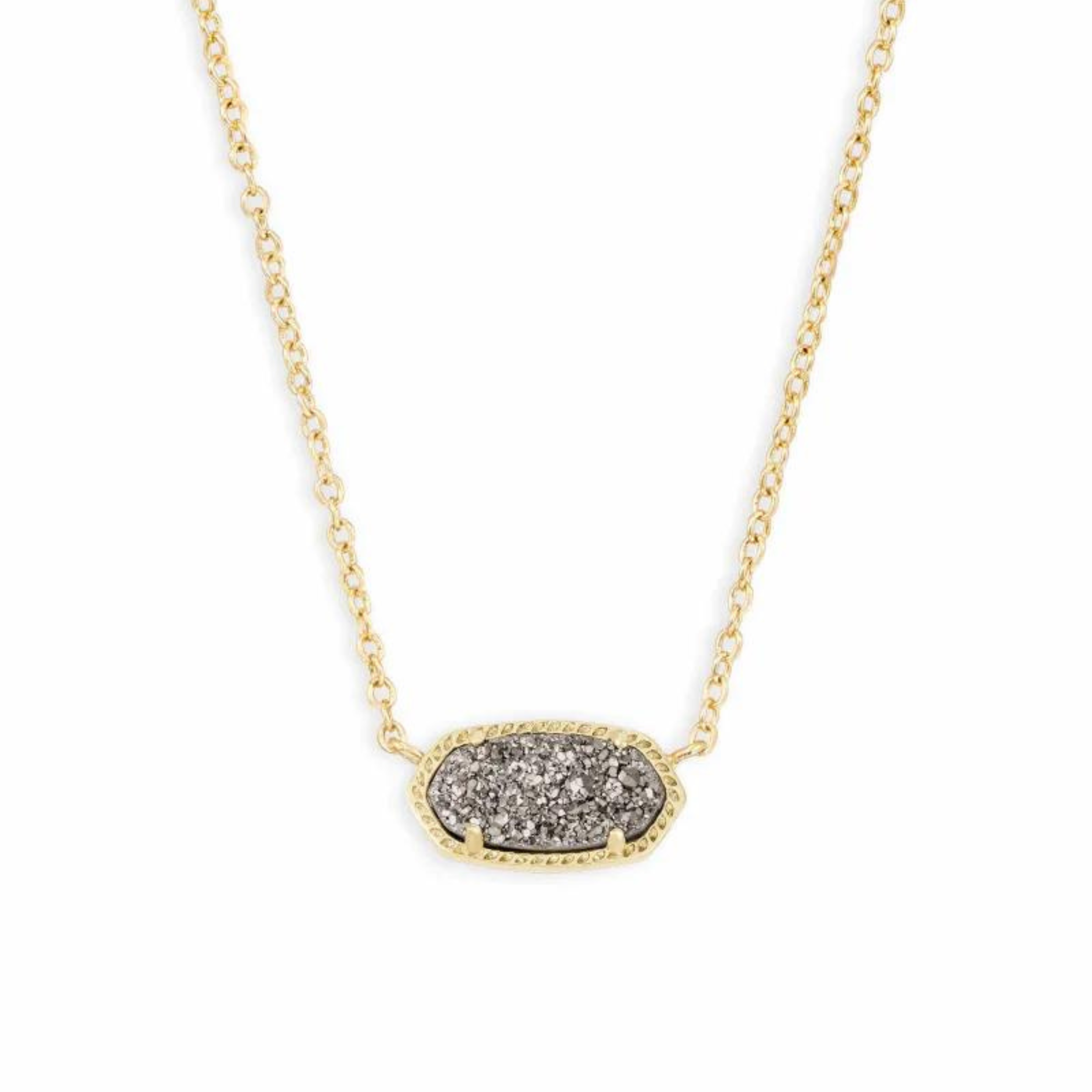Gold necklace with platinum drusy pendant, pictured on a white background.