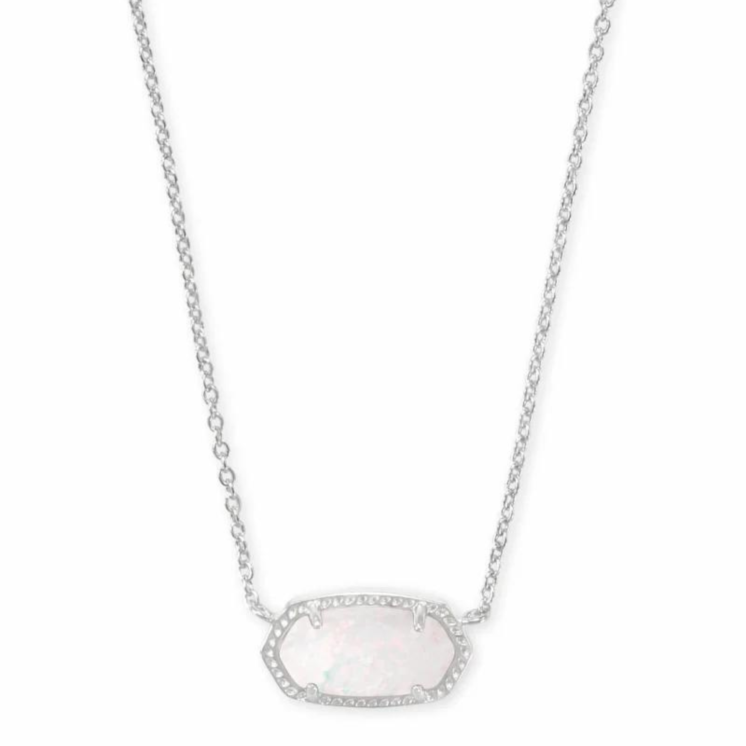 Silver pendant necklace with white opal stone, pictured on a white background.