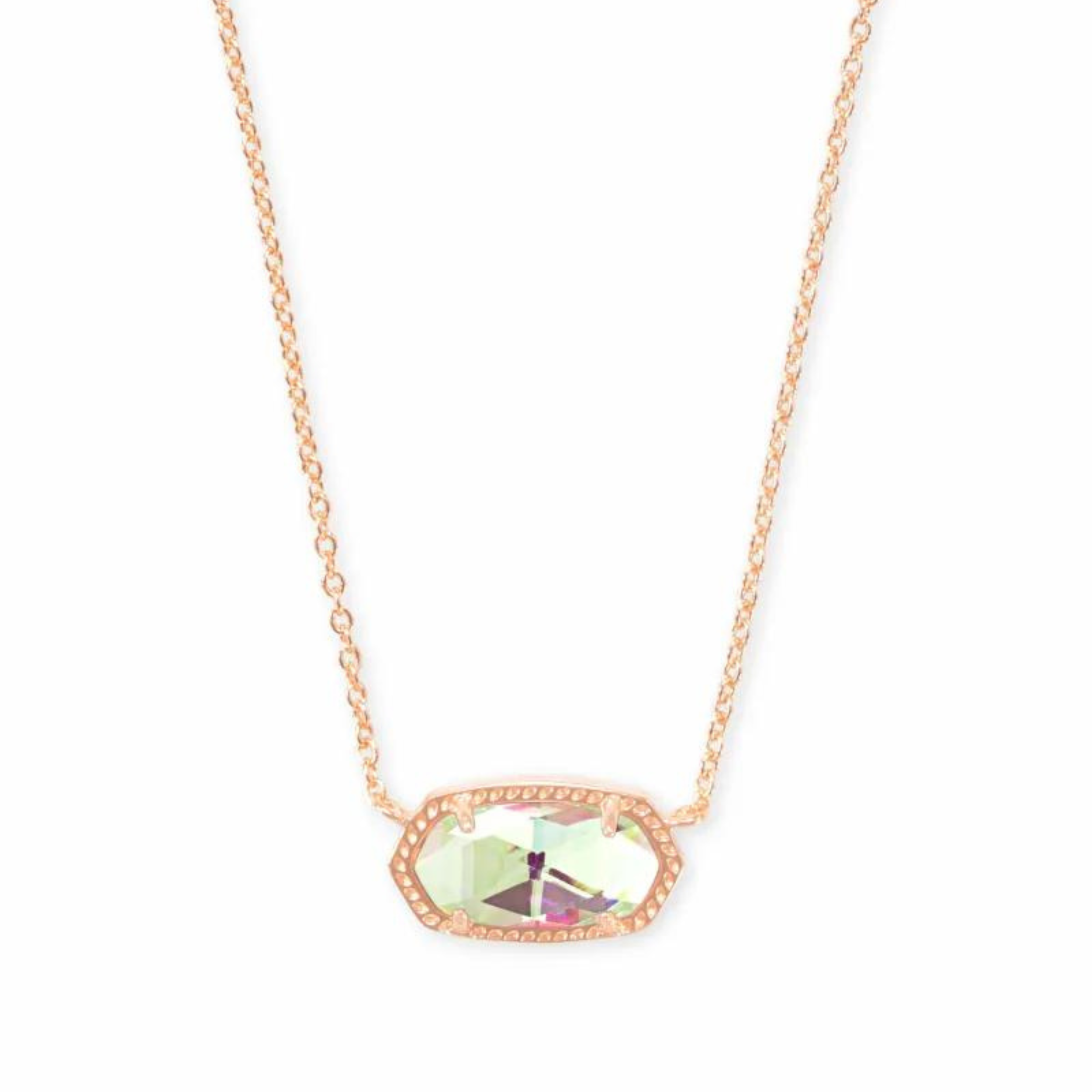 Rose gold pendant necklace with dichoric glass stone, pictured on a white background.