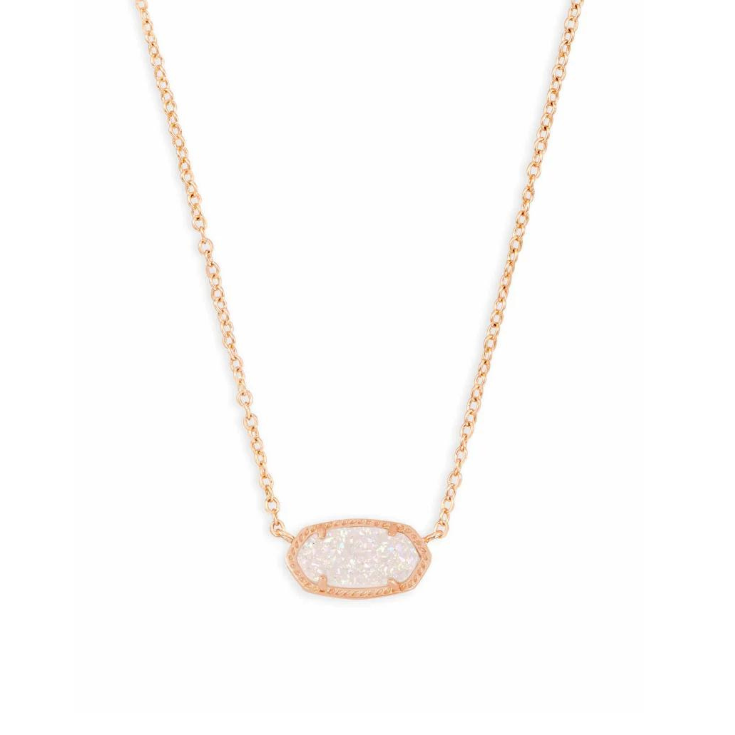 Rose gold pendant necklace with a iridesecnt drusy stone, pictured on a white background.