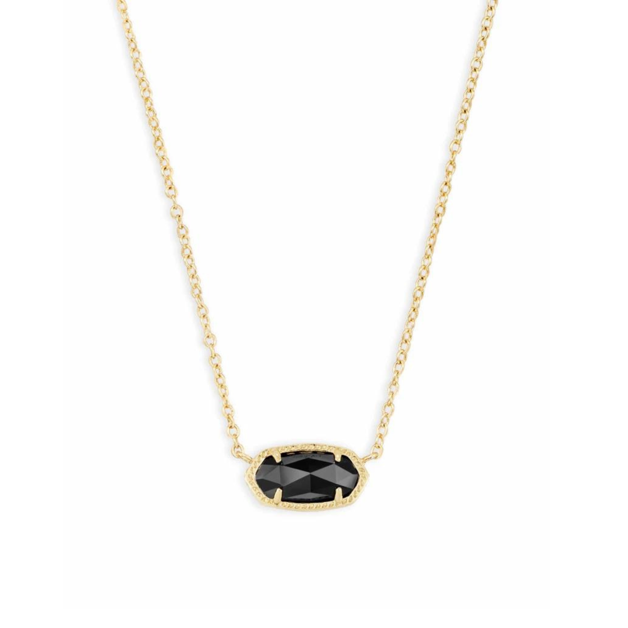 Gold pendant necklace with black stone, pictured on a white background.