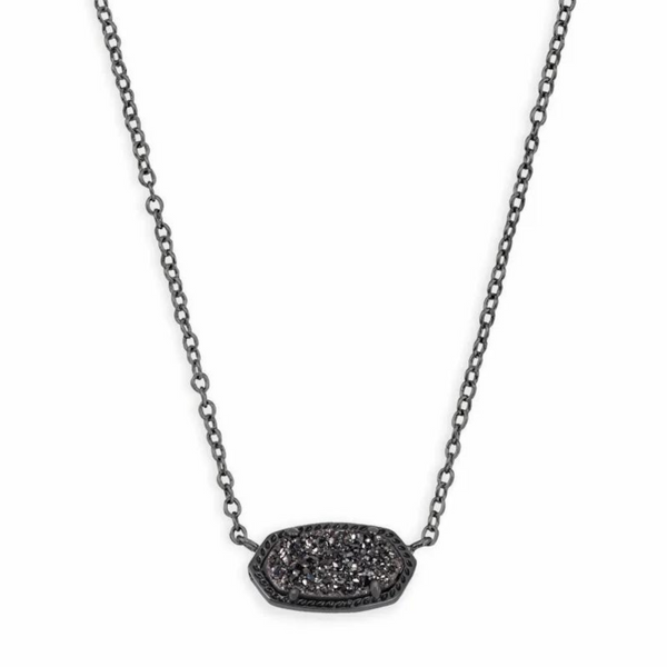 Gunmetal pendant necklace with a black drusy stone, pictured on a white background.