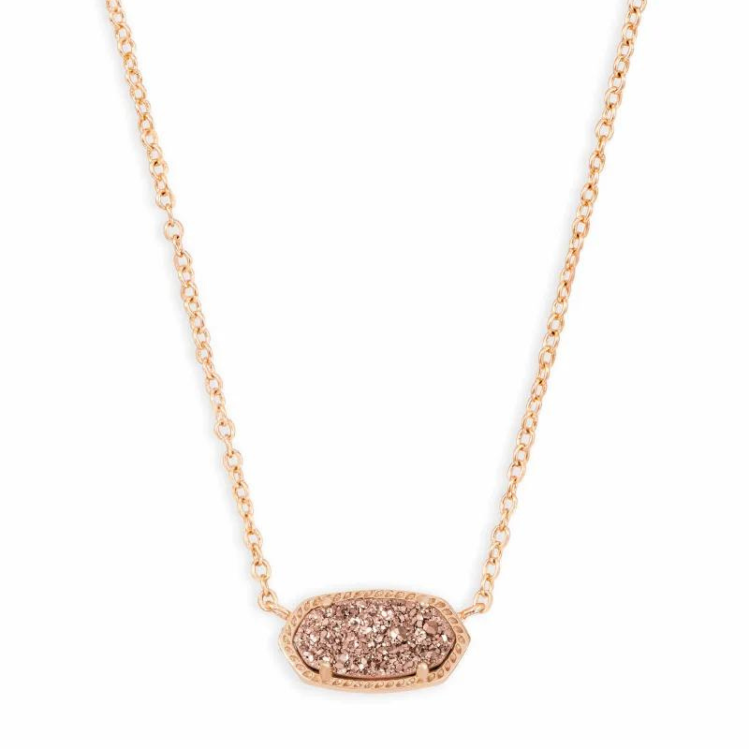 Rose gold pendant necklace with a rose gold drusy stone, pictured on a white background.