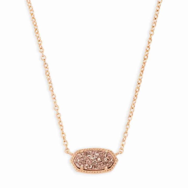 Rose gold pendant necklace with a rose gold drusy stone, pictured on a white background.