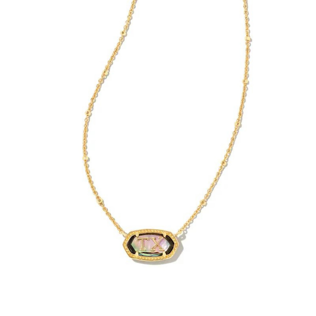 Gold Texas pendant texas with an abalone shell stone, pictured on a white background.