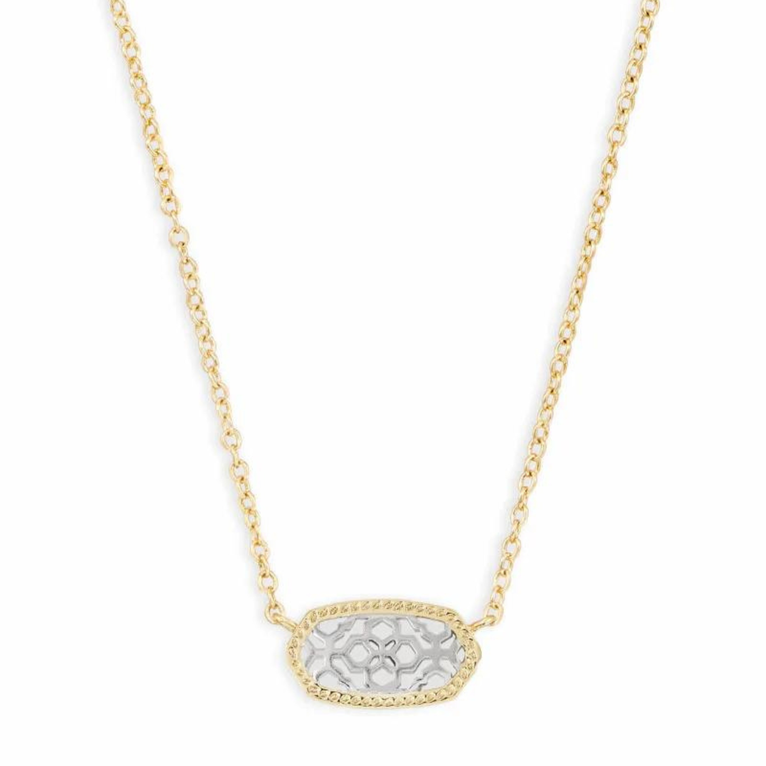 Gold pendant necklace with silver filigree, pictured on a white background.