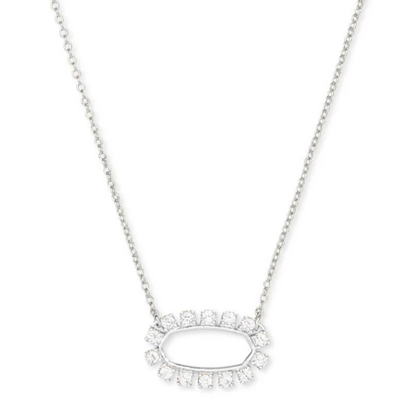 Silver open frame necklace with white crystals, pictured on a white background.