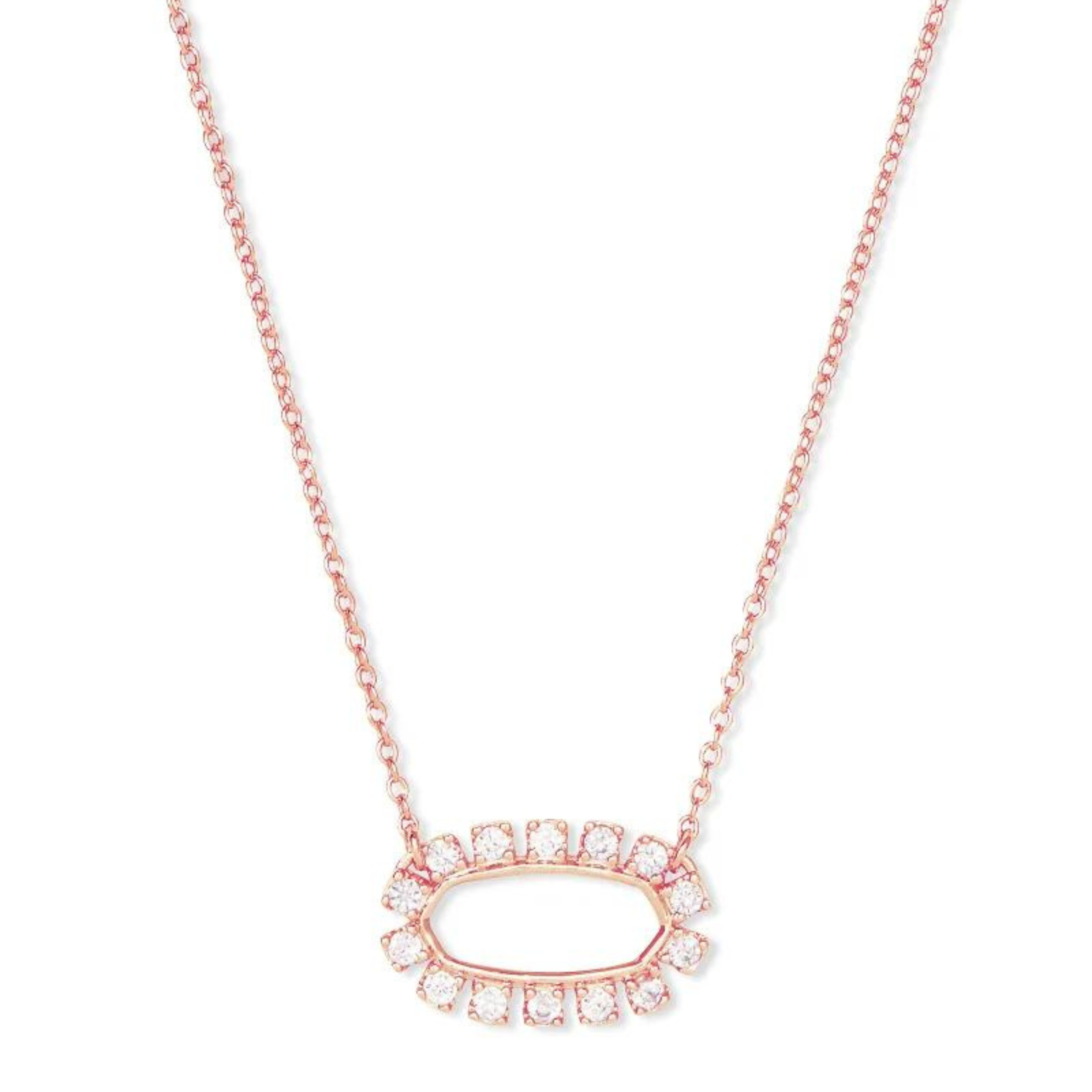 Rose gold open framed pendant necklace with white crystals, pictured on a white background.