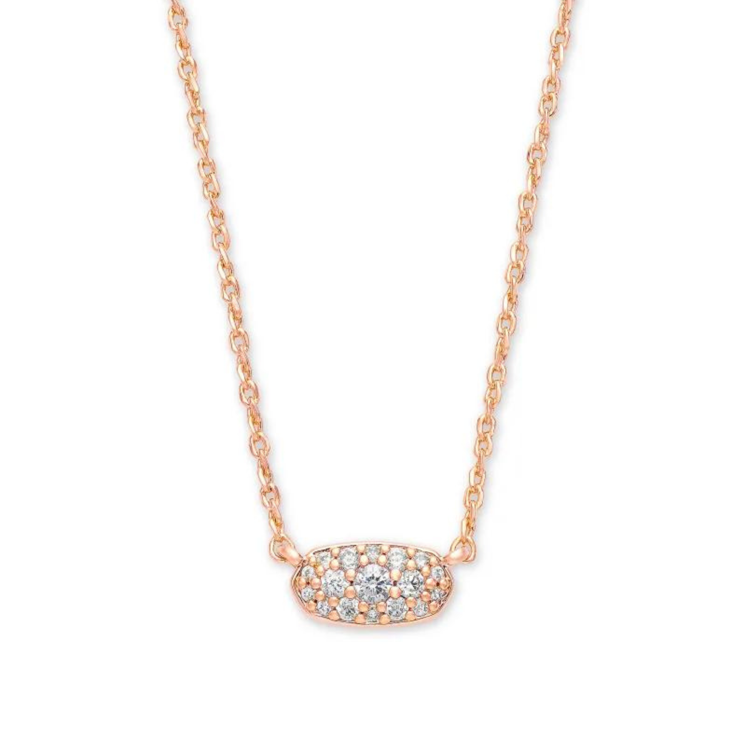 Rose gold necklace with white crystals, pictured on a white background.