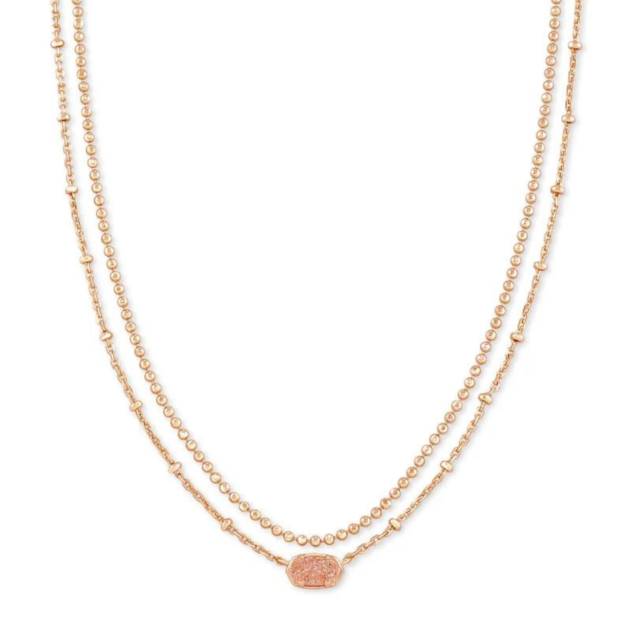 Rose gold multi stand necklace with a sand drusy pendant, pictured on a white background.