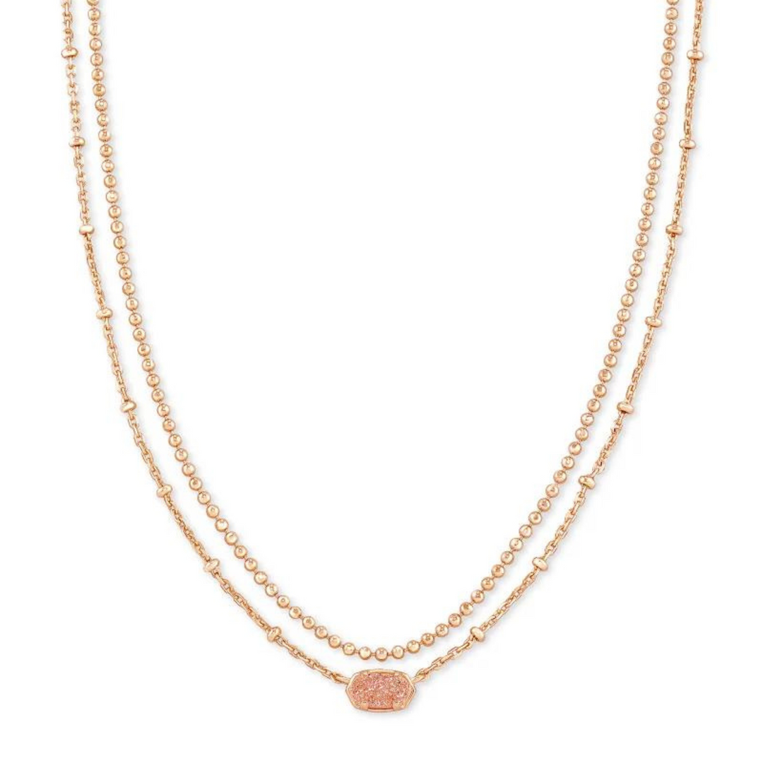 Rose gold multi stand necklace with a sand drusy pendant, pictured on a white background.