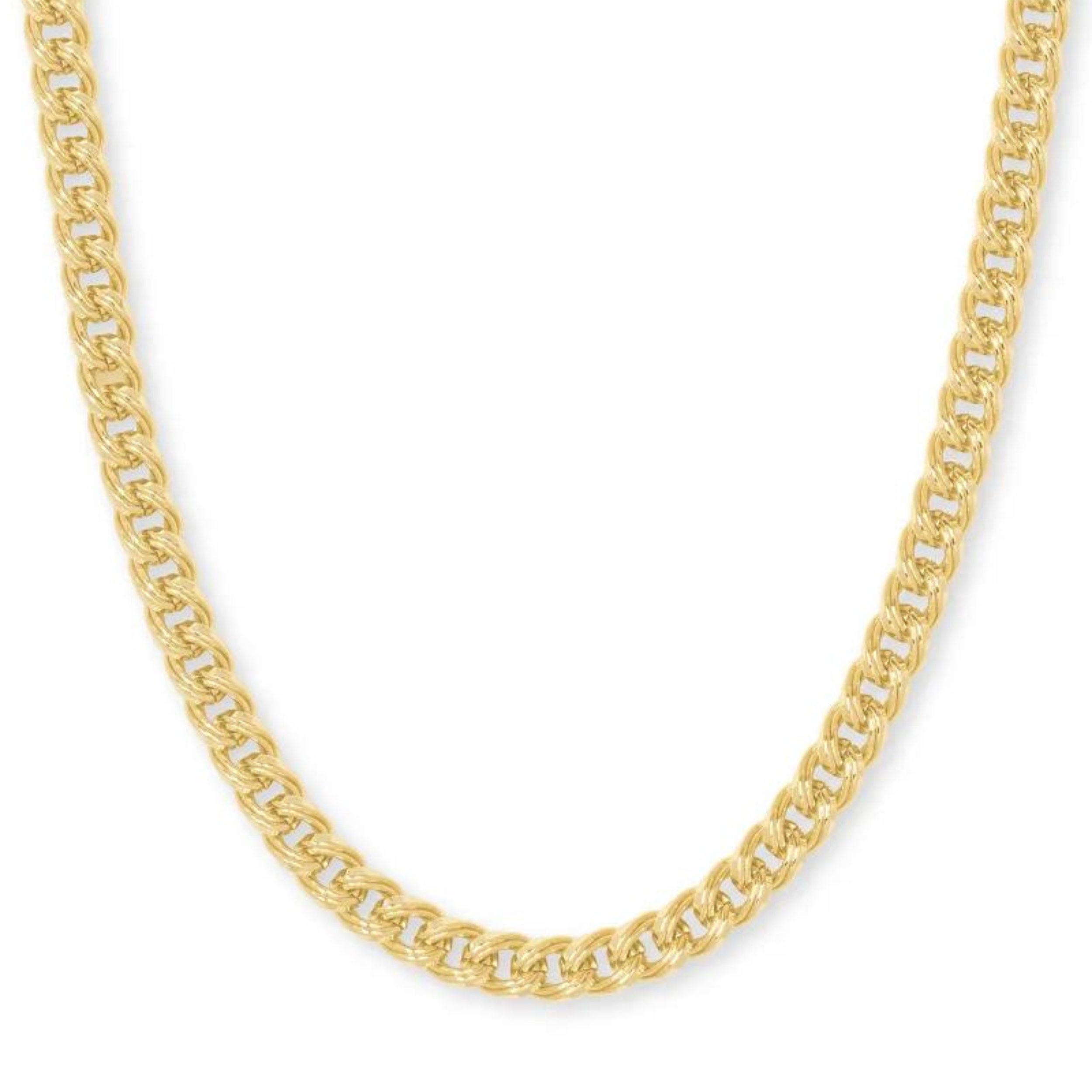 Gold chain link necklace, pictured on a white background.