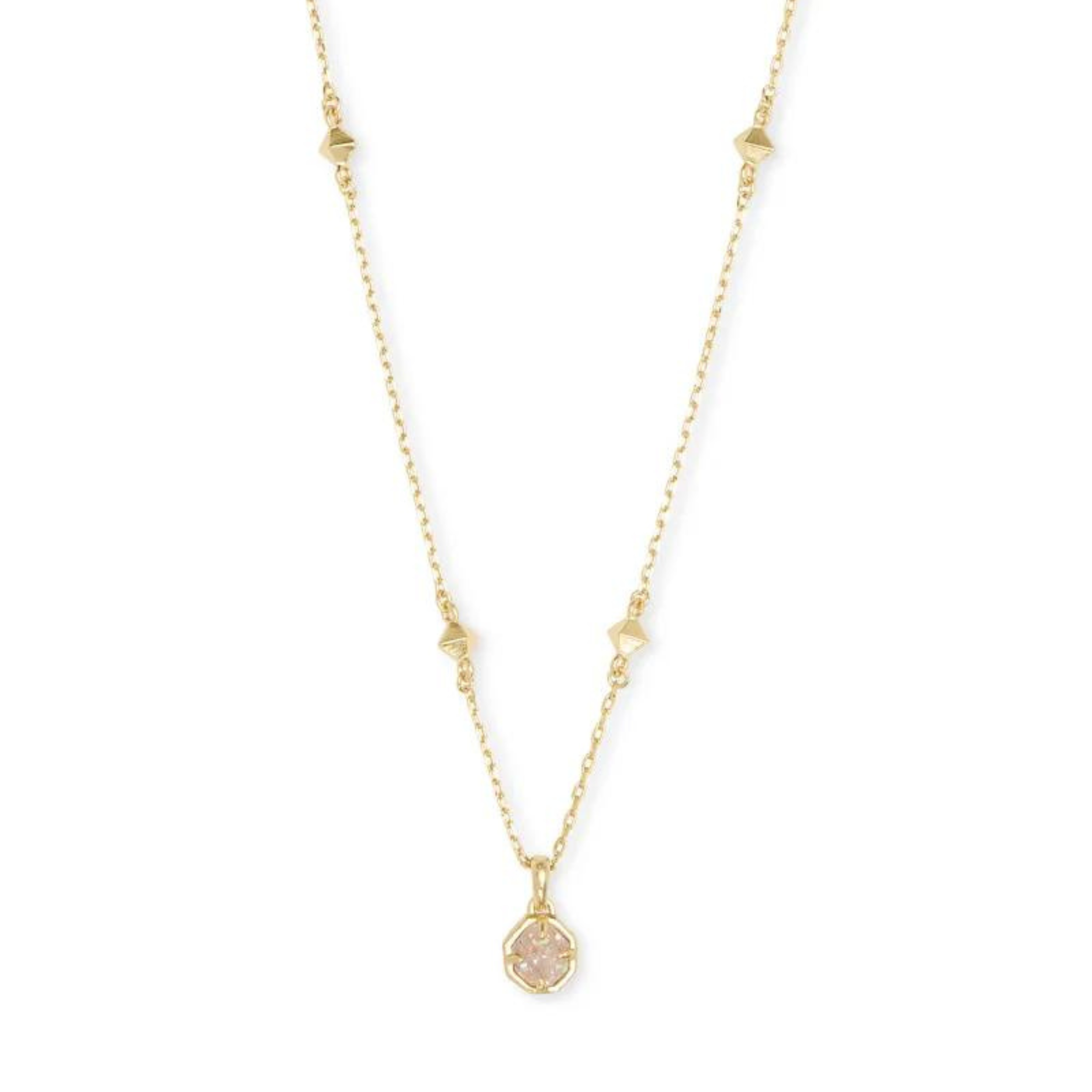 Gold necklace with iridescent drusy stone, pictured on a white background.