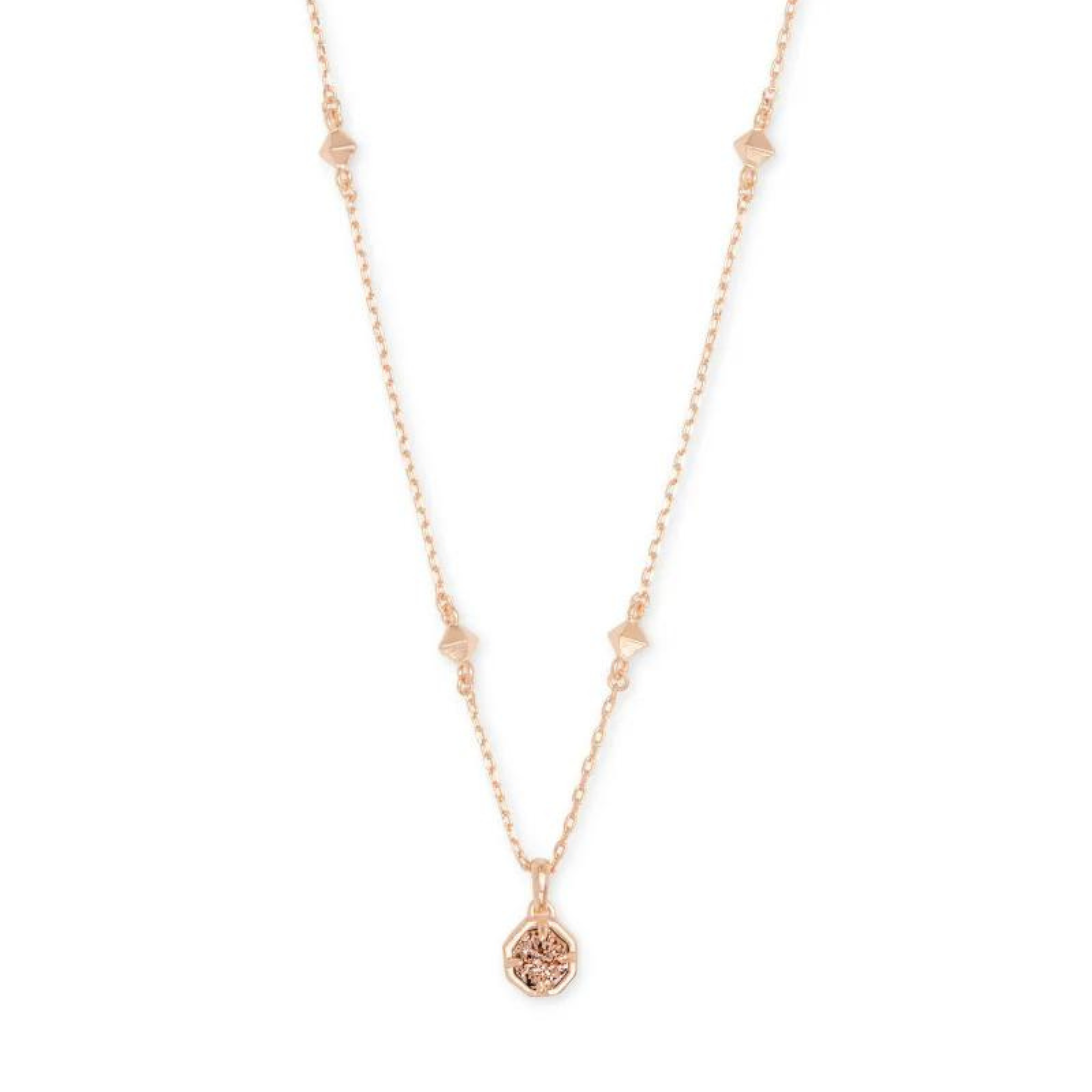 Rose gold necklace with rose gold drusy pendant, pictured on a white background.
