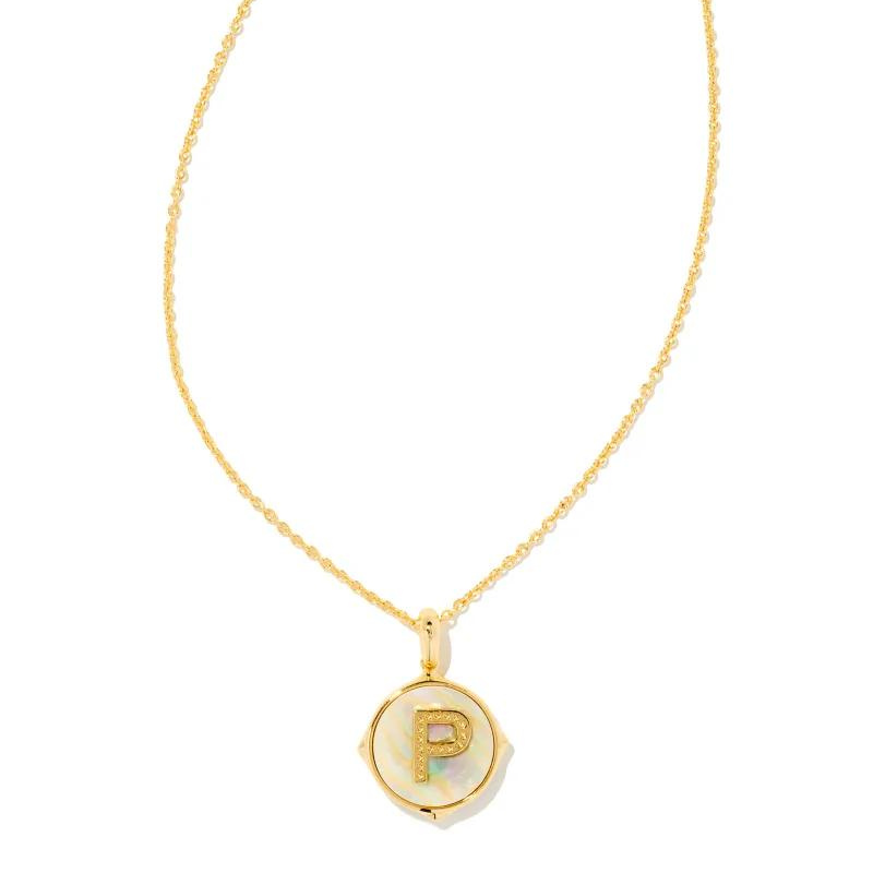 Kendra Scott | Initial Gold Disc Reversible Pendant Necklace in Iridescent Abalone - Giddy Up Glamour Boutique