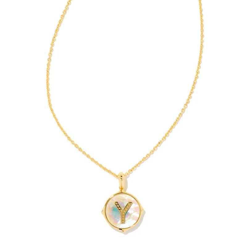 Kendra Scott | Initial Gold Disc Reversible Pendant Necklace in Iridescent Abalone - Giddy Up Glamour Boutique
