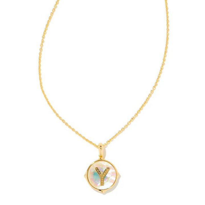 Kendra Scott | Initial Gold Disc Reversible Pendant Necklace in Iridescent Abalone - Giddy Up Glamour Boutique
