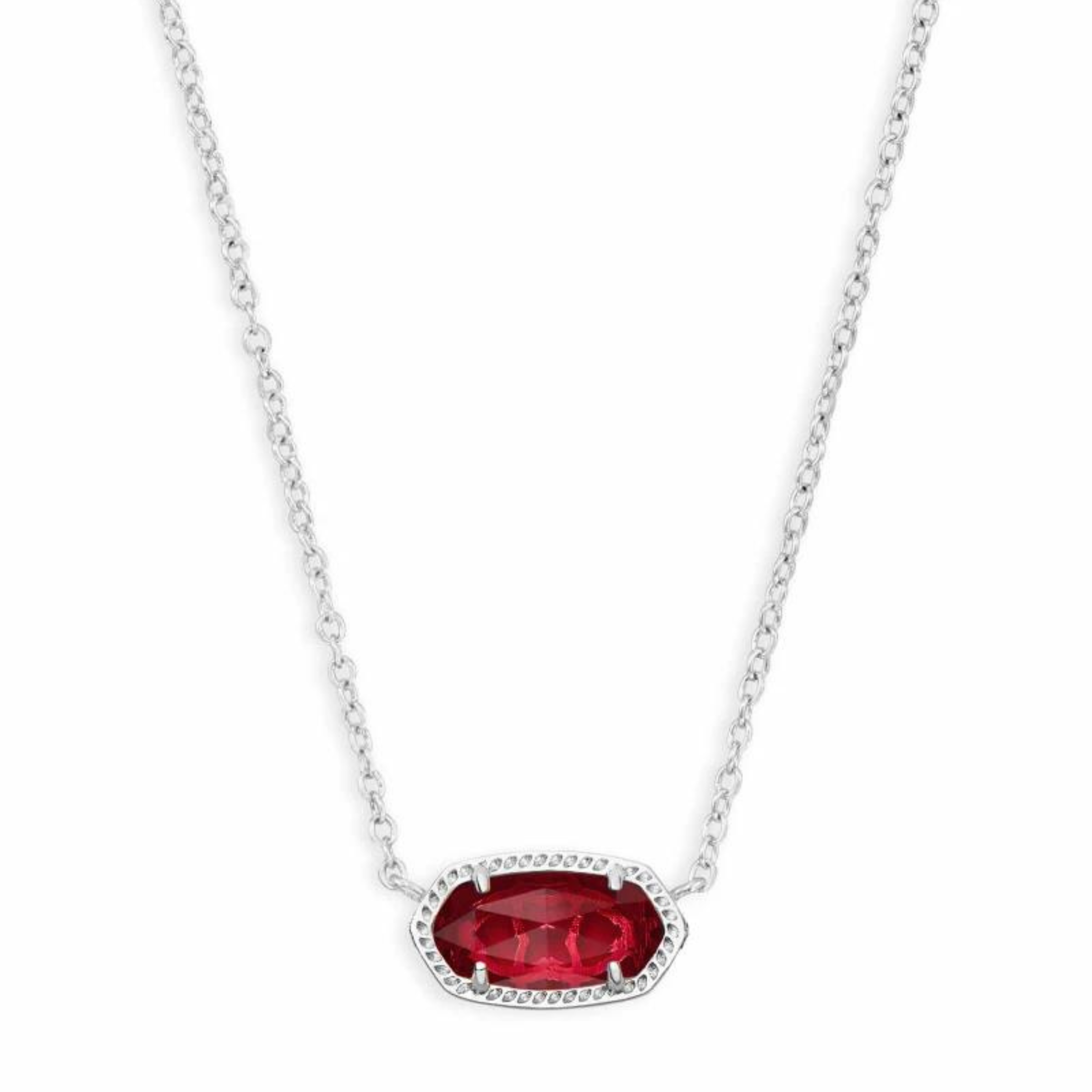 Silver necklace with berry colored glass pendant, pictured on a white background.