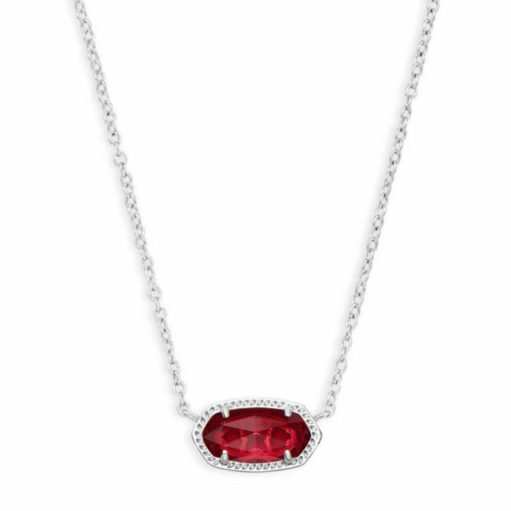 Silver necklace with berry colored glass pendant, pictured on a white background.