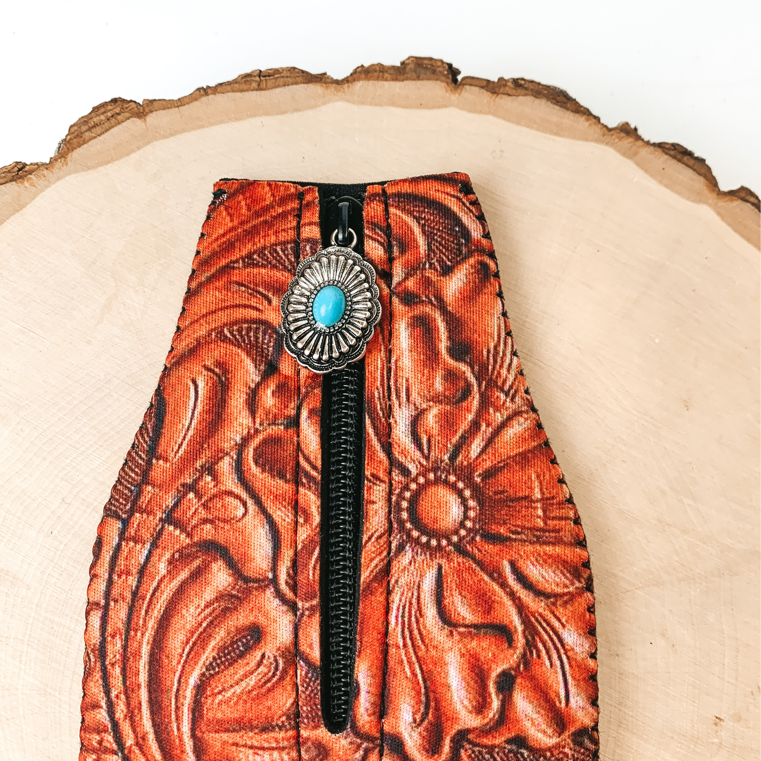 Leather Tooled Print Zip Up Koozie with Concho Charm