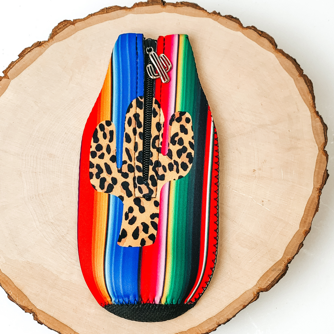 Serape and Leopard Print Cactus Zip Up Koozie with Cactus Charm - Giddy Up Glamour Boutique