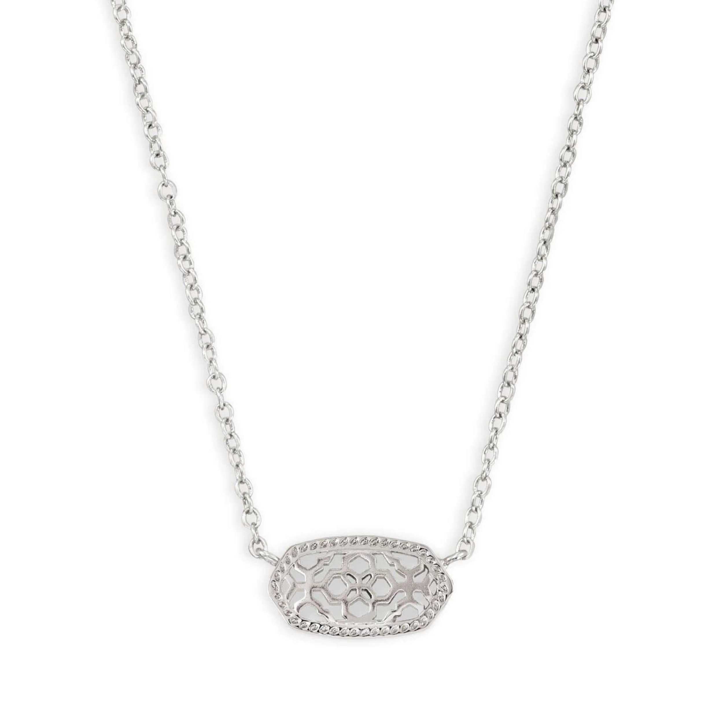 Silver necklace with filigree metal pendant, pictured on a white background.