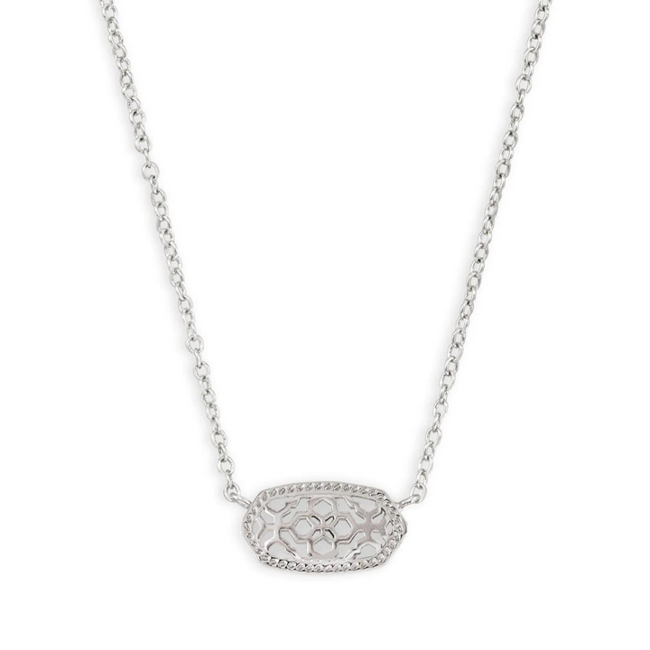 Silver necklace with filigree metal pendant, pictured on a white background.