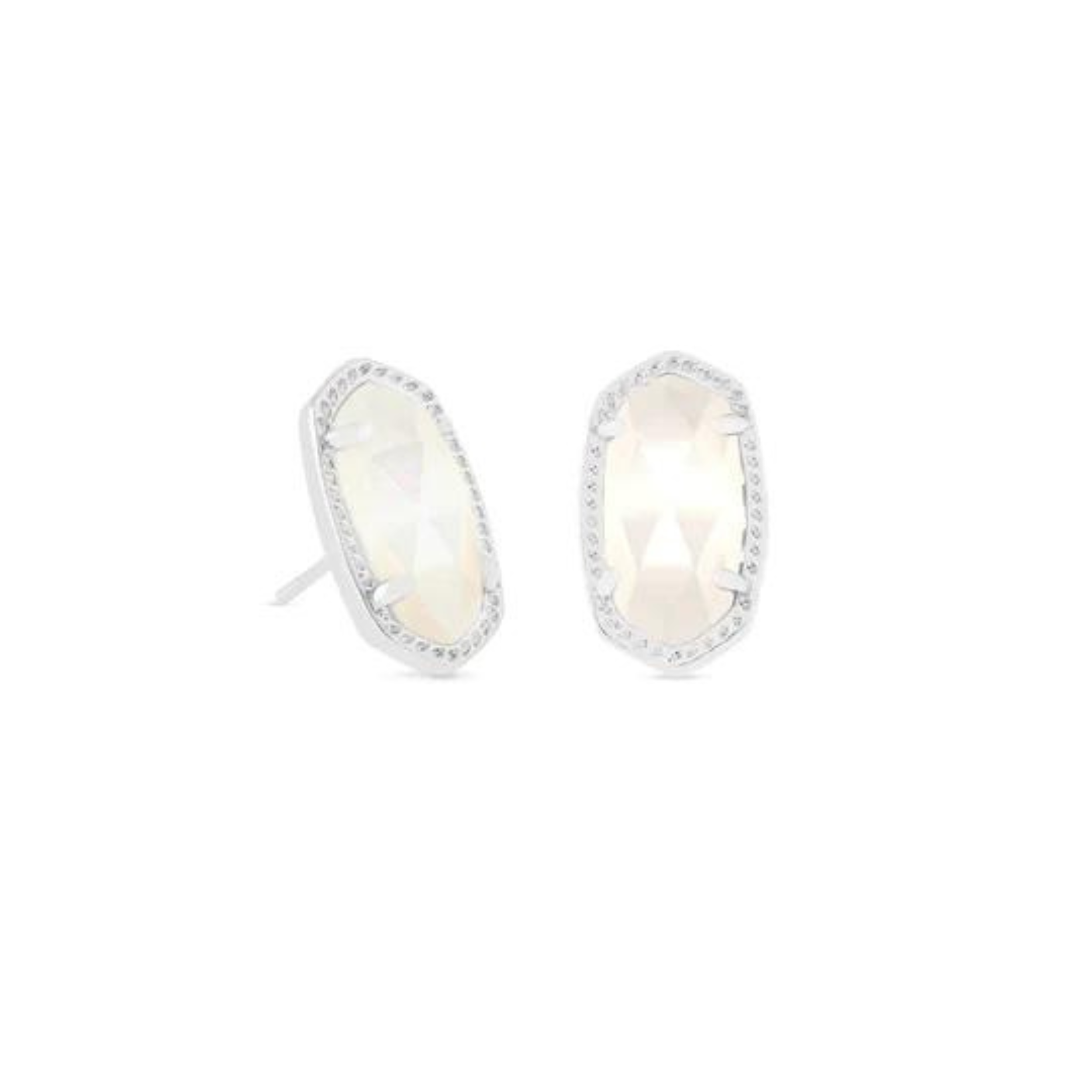 Silver stud earrings with ivory pearl stones, pictured on a white background.