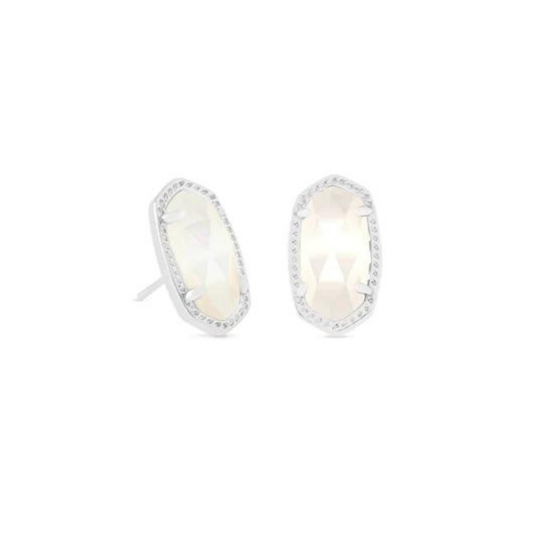Silver stud earrings with ivory pearl stones, pictured on a white background.
