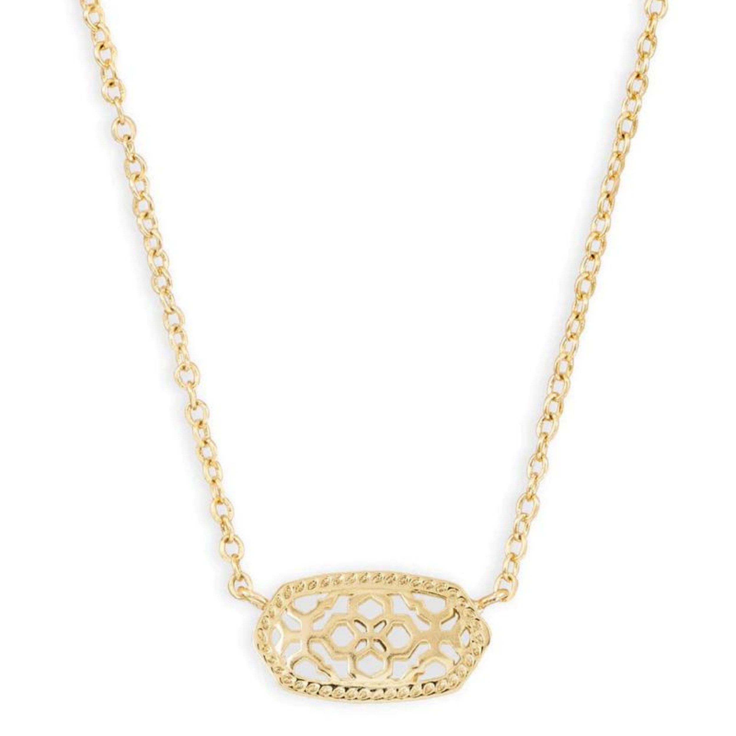 Gold necklace with gold filigree pendant, pictured on a white background.