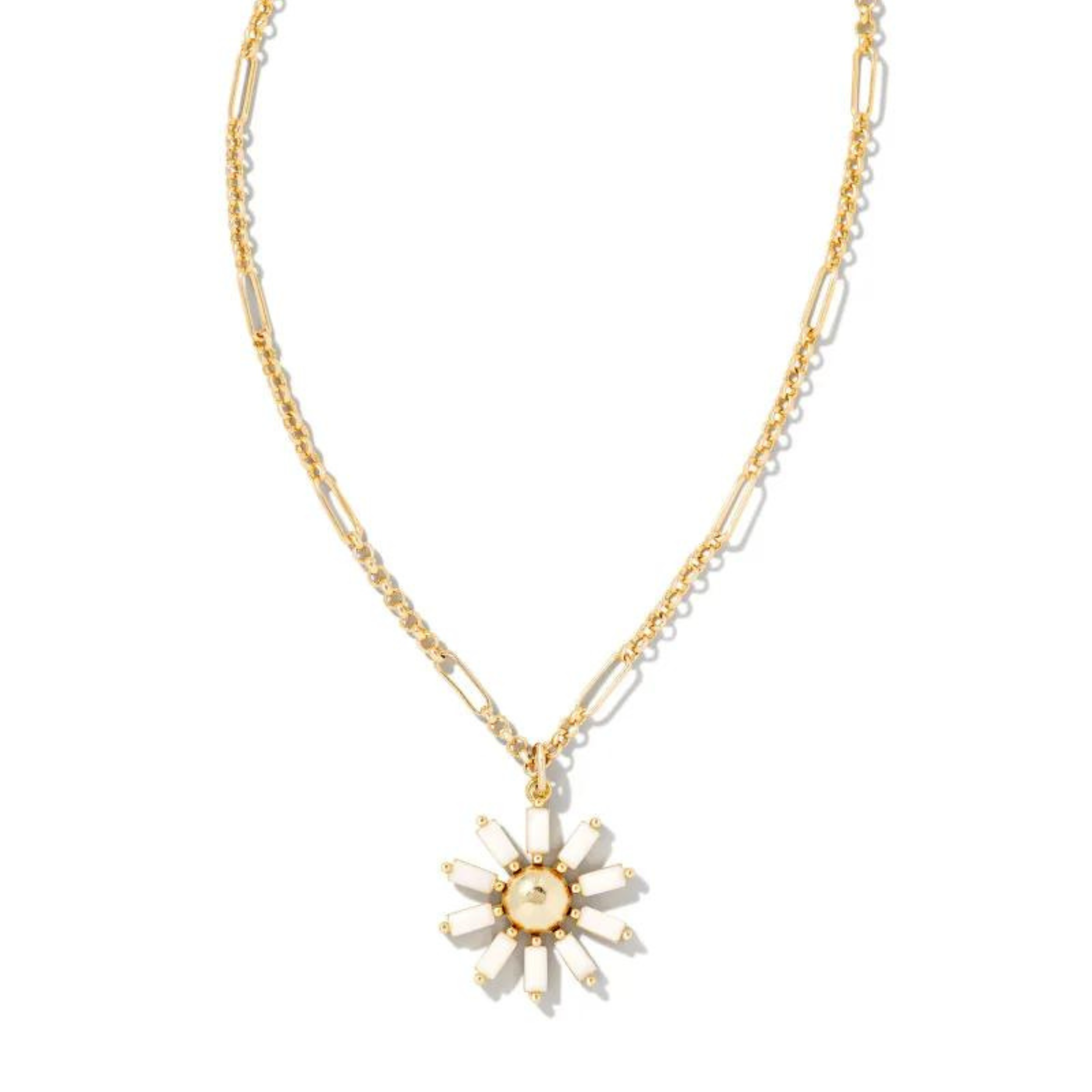Gold chain necklace with a white flower pendant, pictured on a white background.