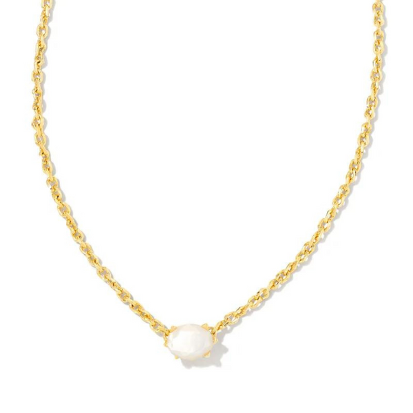 Gold chain necklace with an ivory mother of pearl pendant, pictured on a white background.
