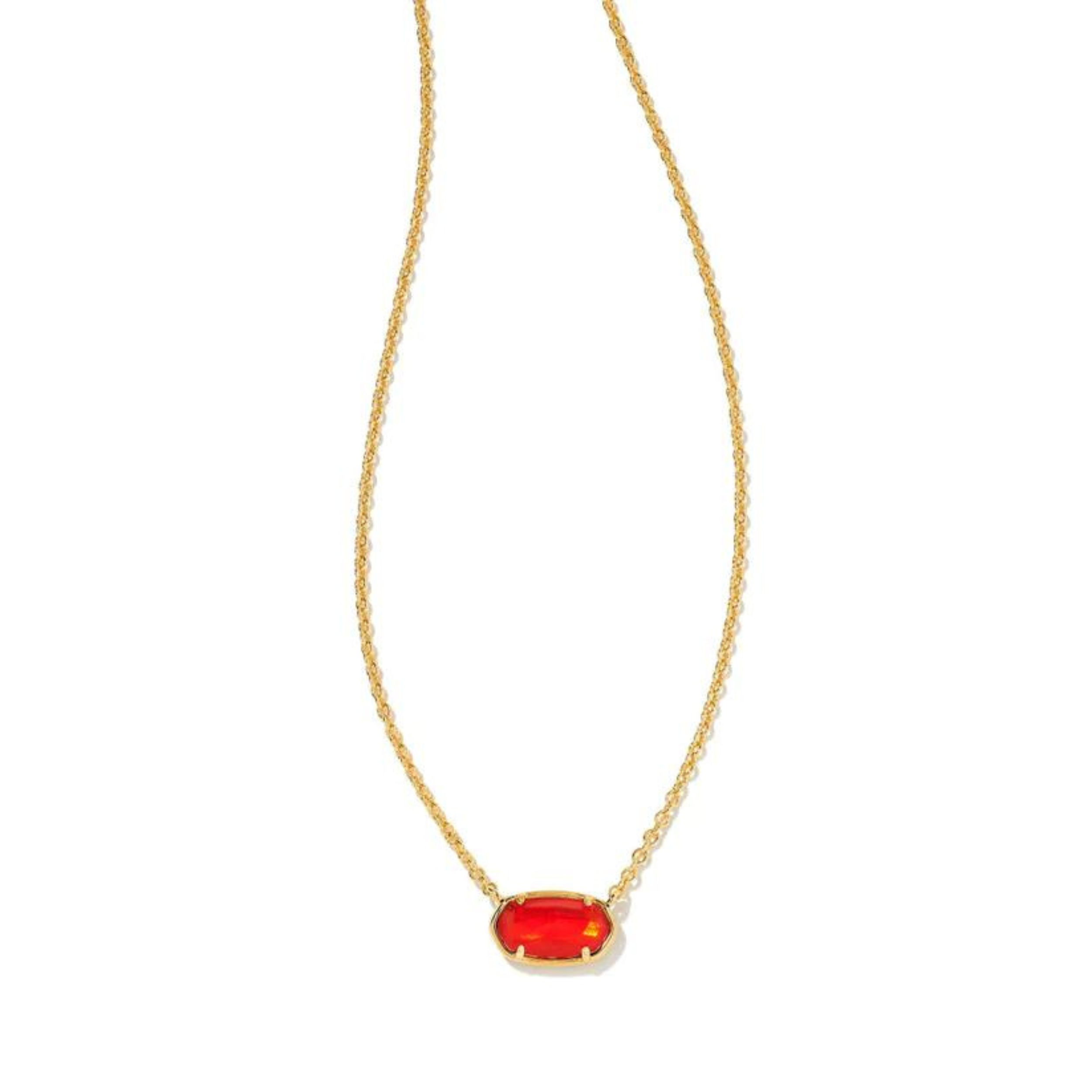 Gold chain necklace with a red illusion pendant pictured on a white background.