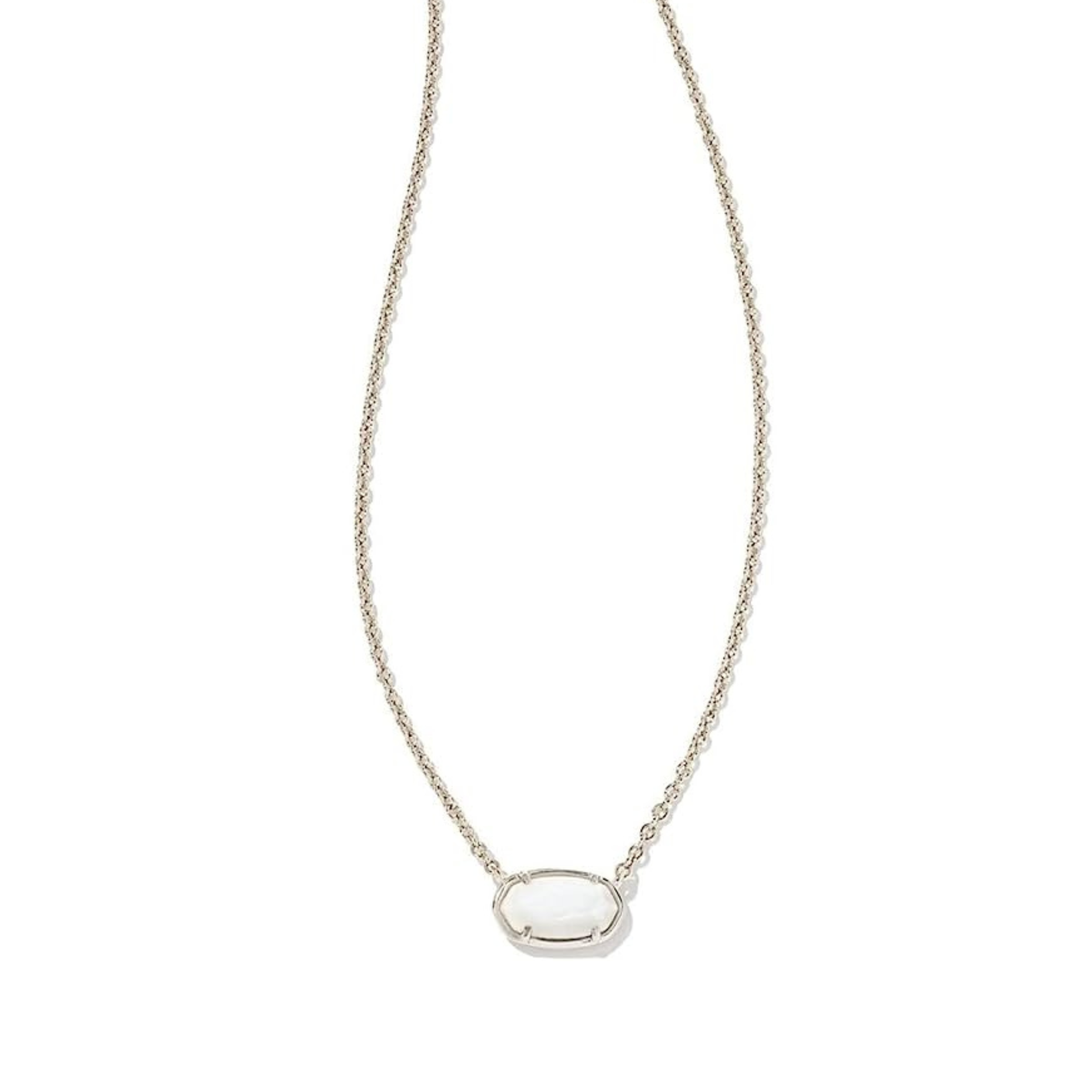 Silver chain necklace with white mother of ivory pendant, pictured on a white background.