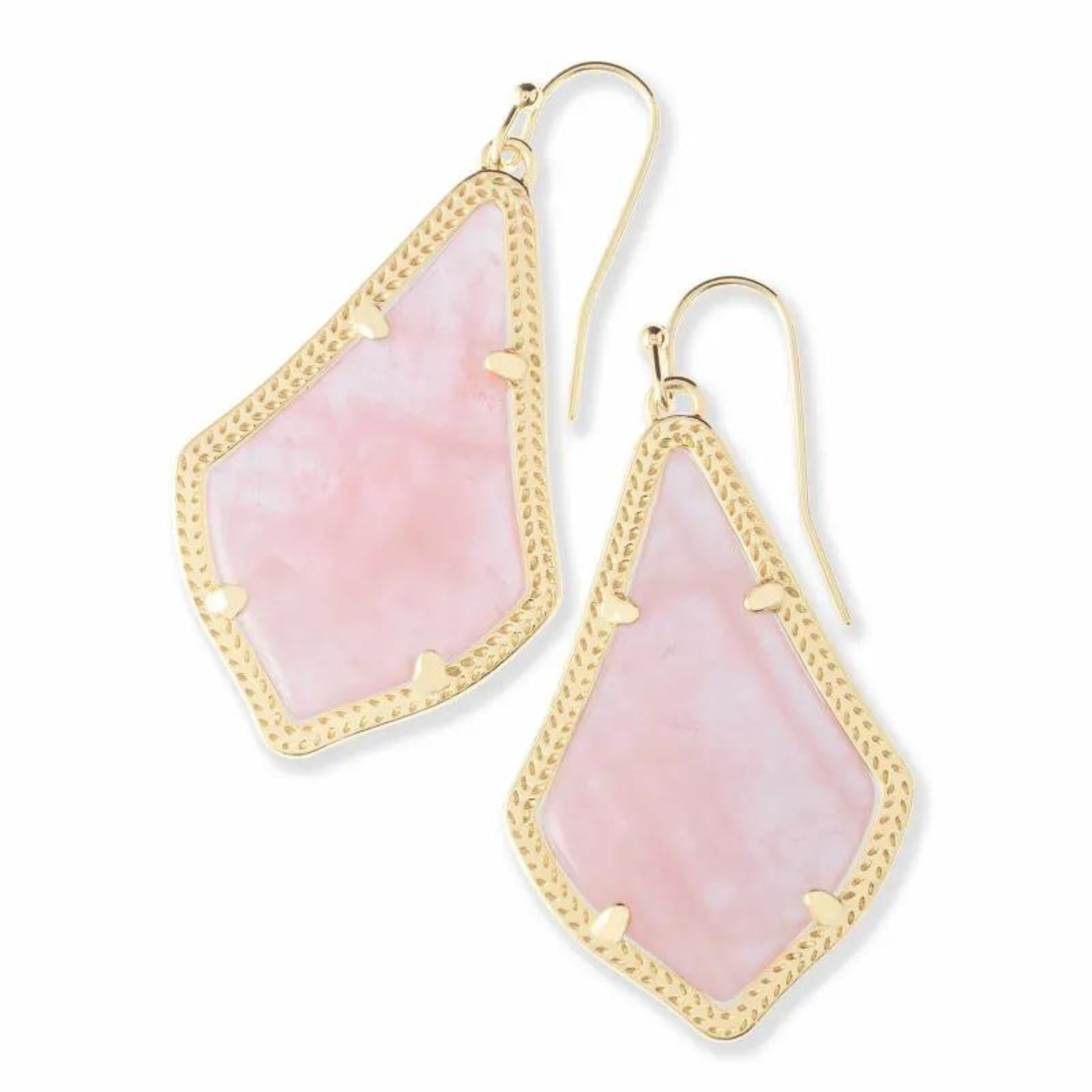 Gold rose quartz dangle earrings, pictured on a white background.