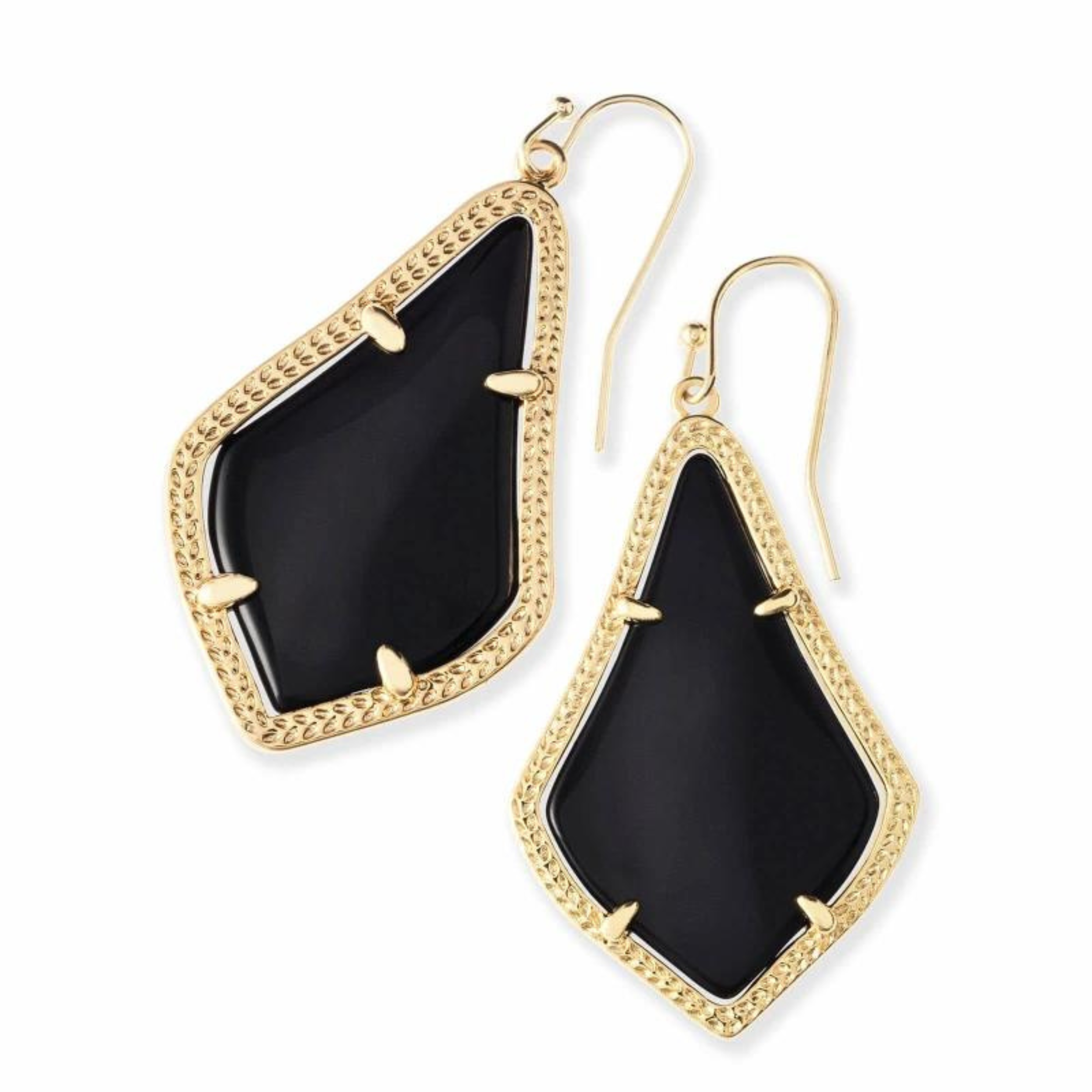 Gold dangle earrings with black opeaque glass stones, pictured on a white background.
