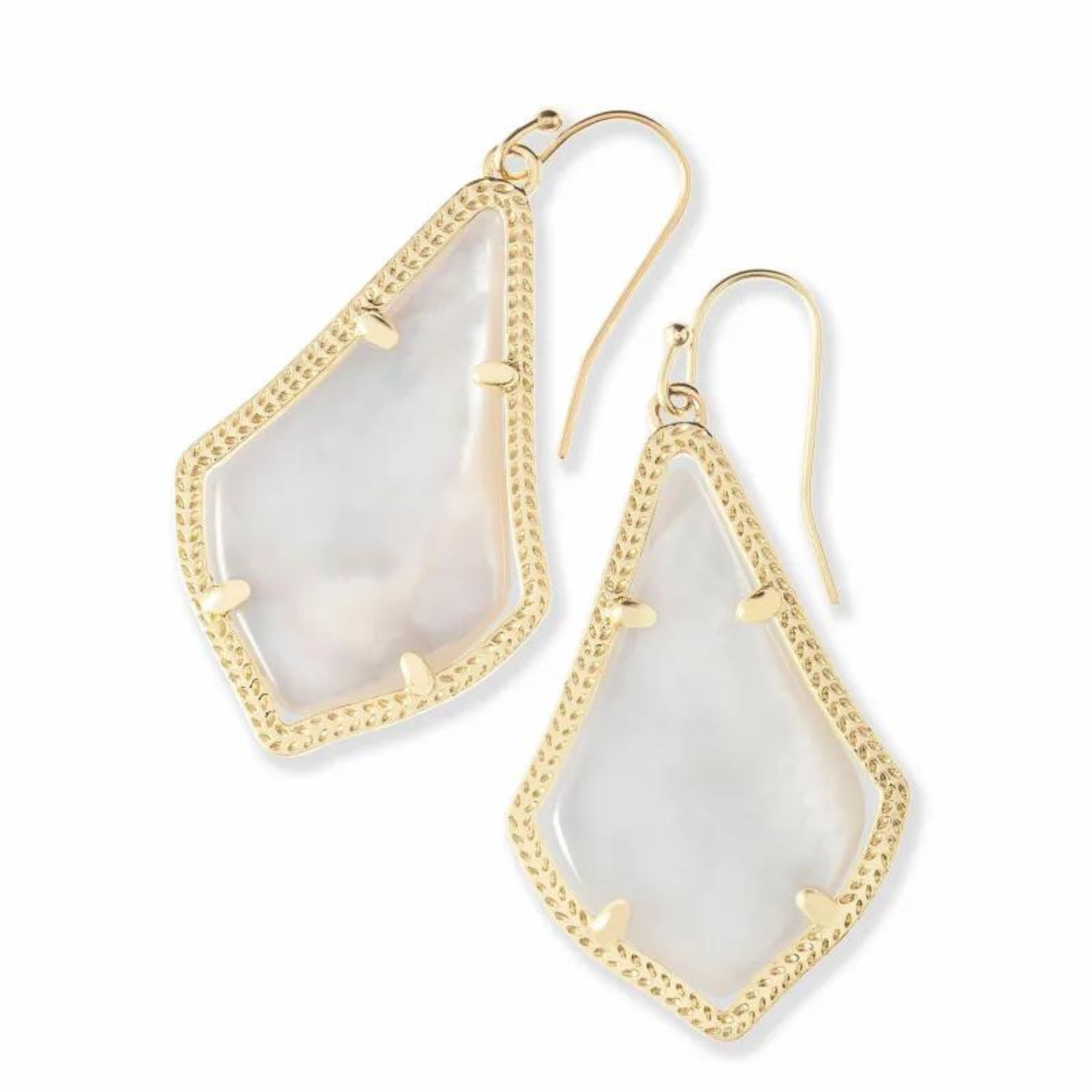 Gold dangle earrings with ivory pearl stone, pictured on a white background.