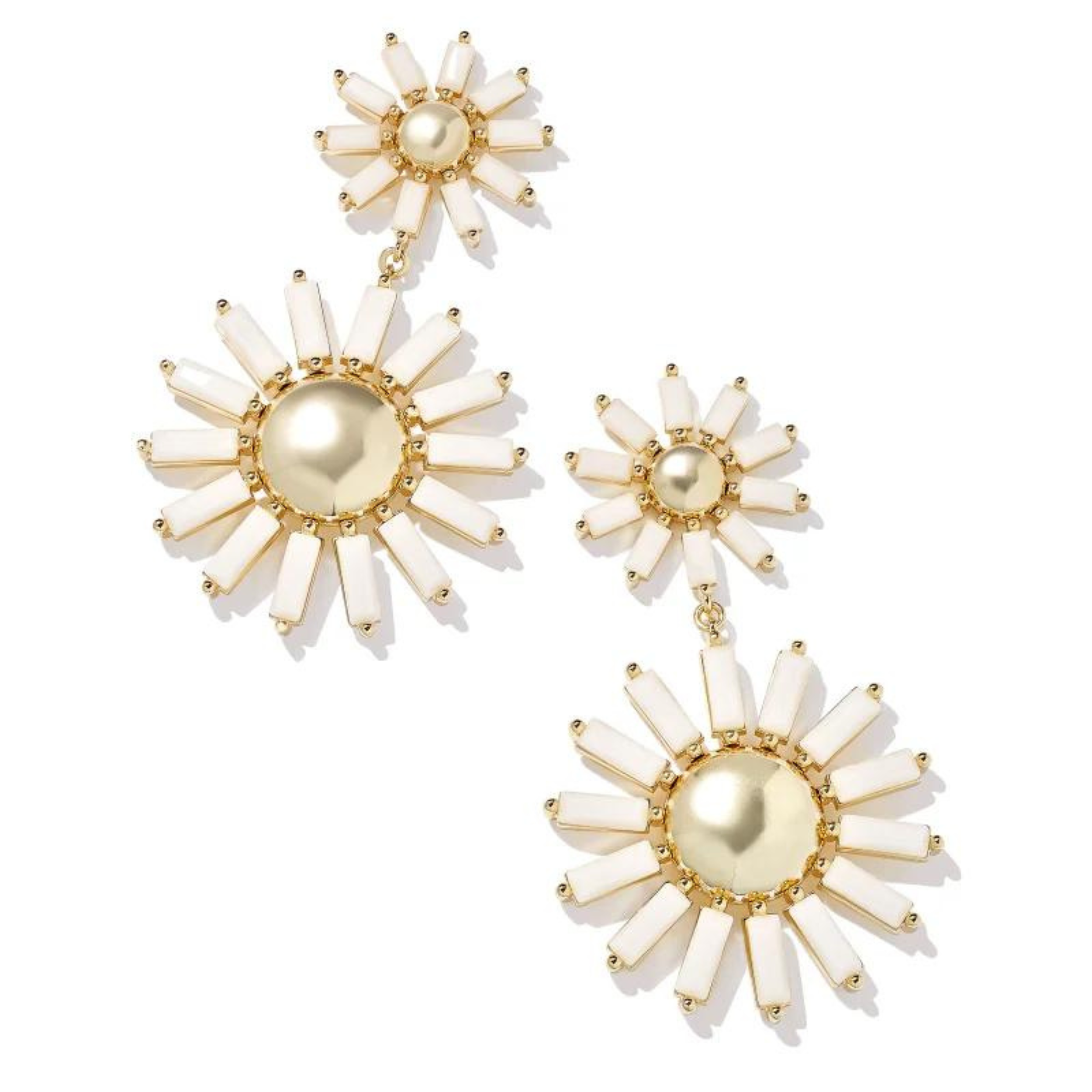 Gold flower stud post dangle earrings, pictured on a white background.