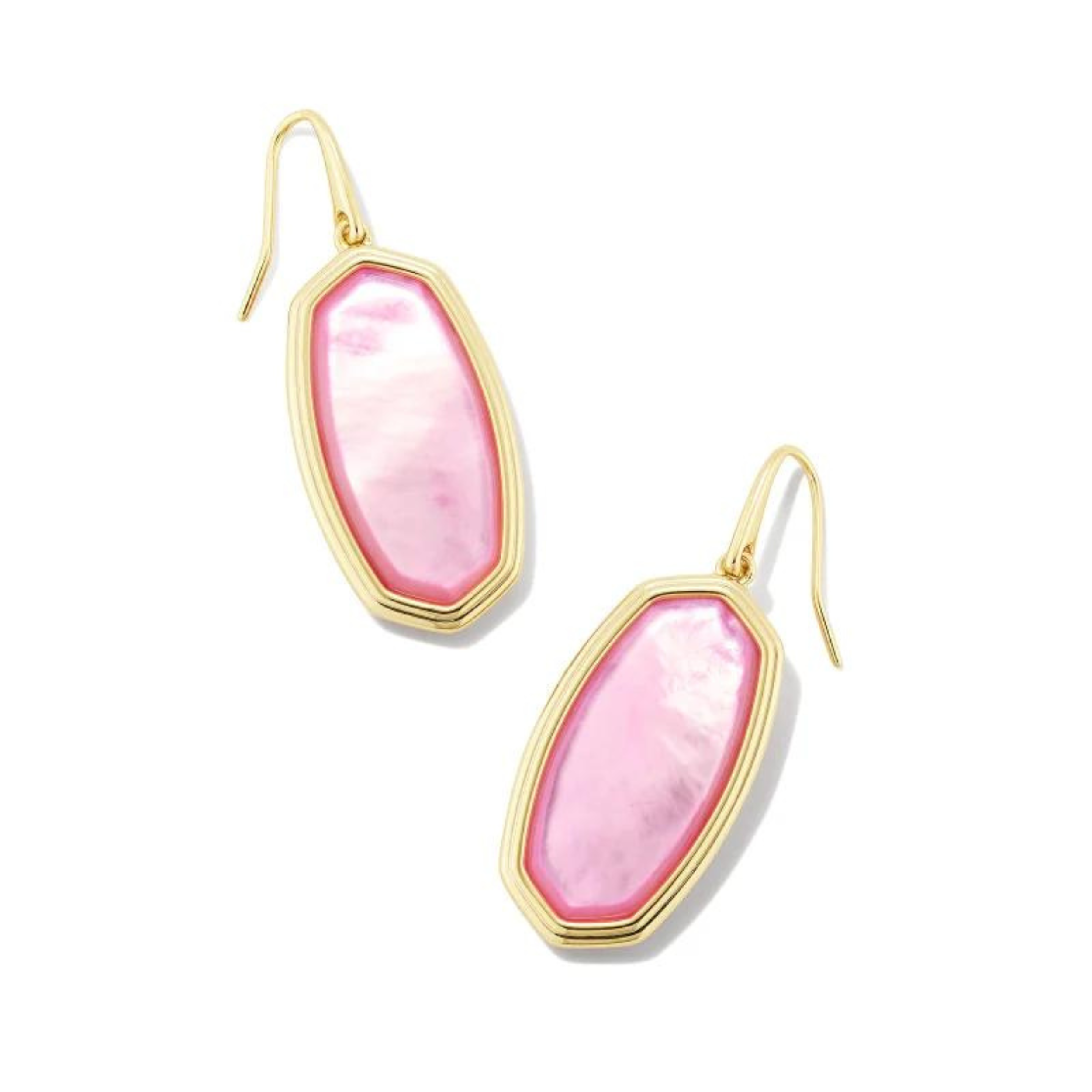 Gold dangle earrings with peony mother of pearl stones, pictured on a white background.