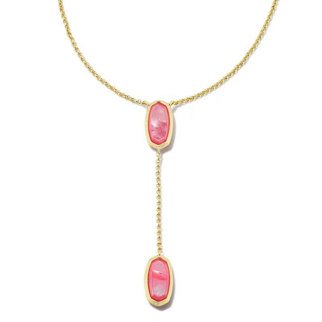 Gold y framed necklace with two penoy mother of pearl stones, pictured on a white background.