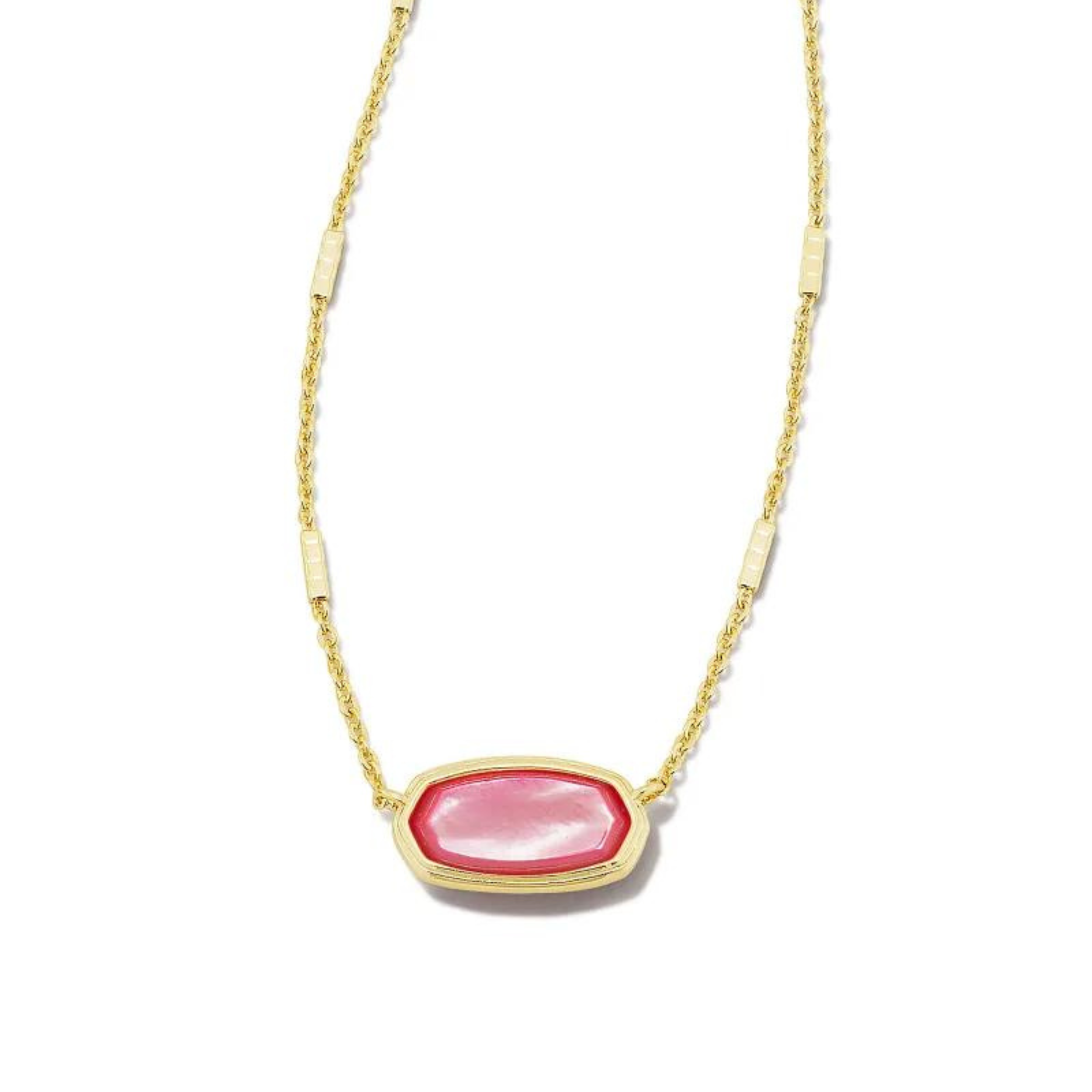 Gold chain necklace with peony mother of pearl stone, pictured on a white background.