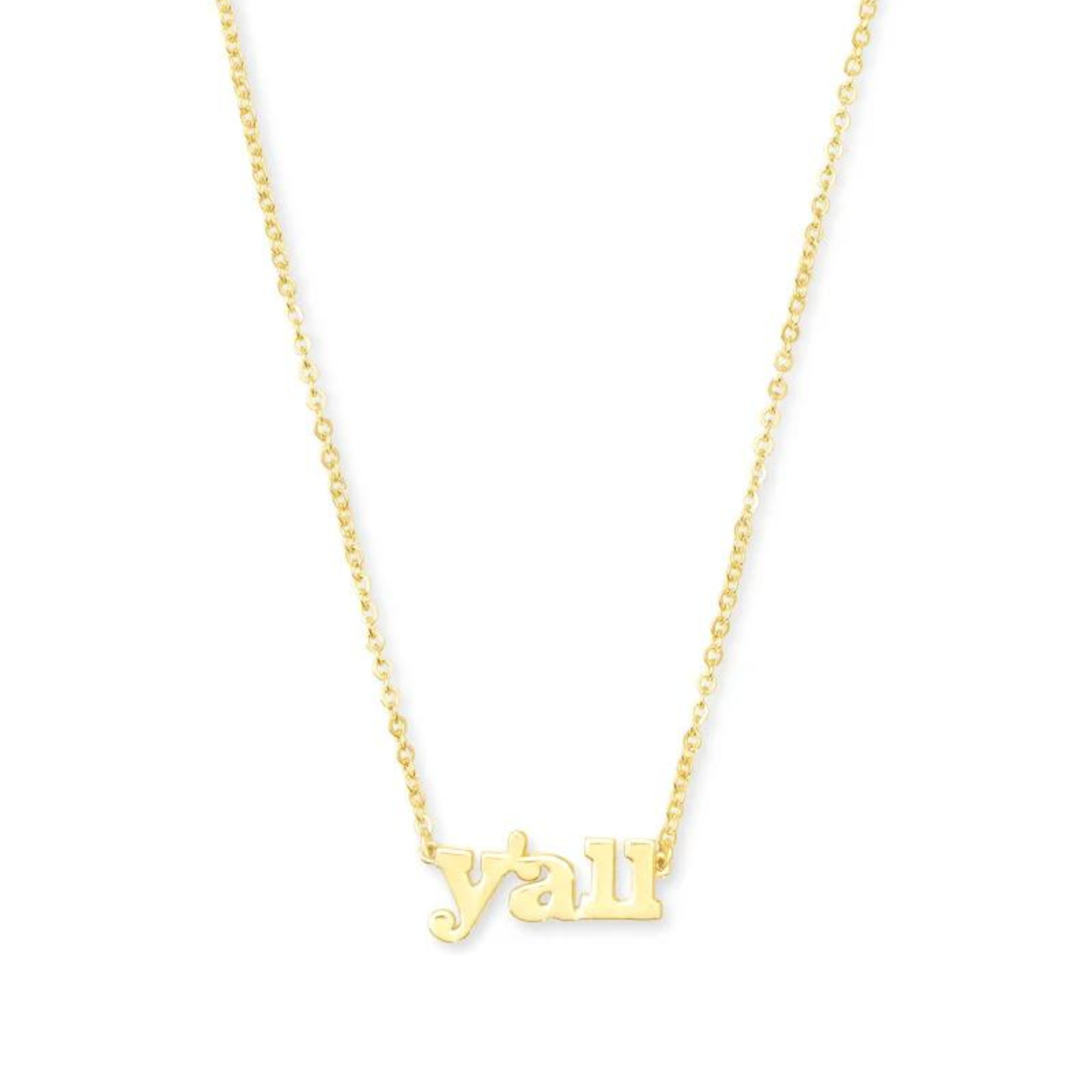 Gold chain necklace with theh word y'all, pictured on a white background.