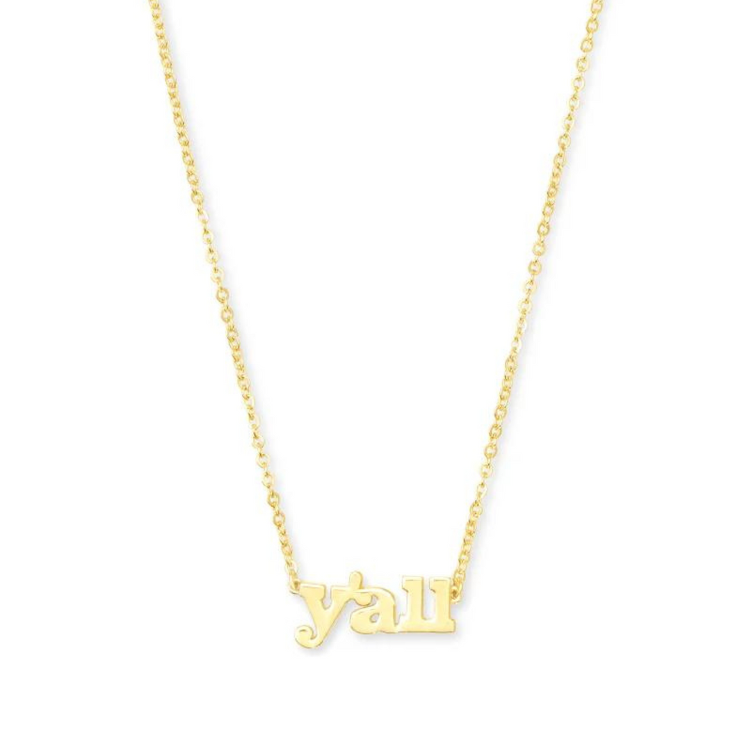 Gold chain necklace with theh word y'all, pictured on a white background.