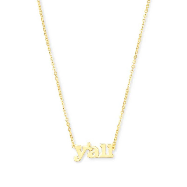 Gold chain necklace with theh word y'all, pictured on a white background.