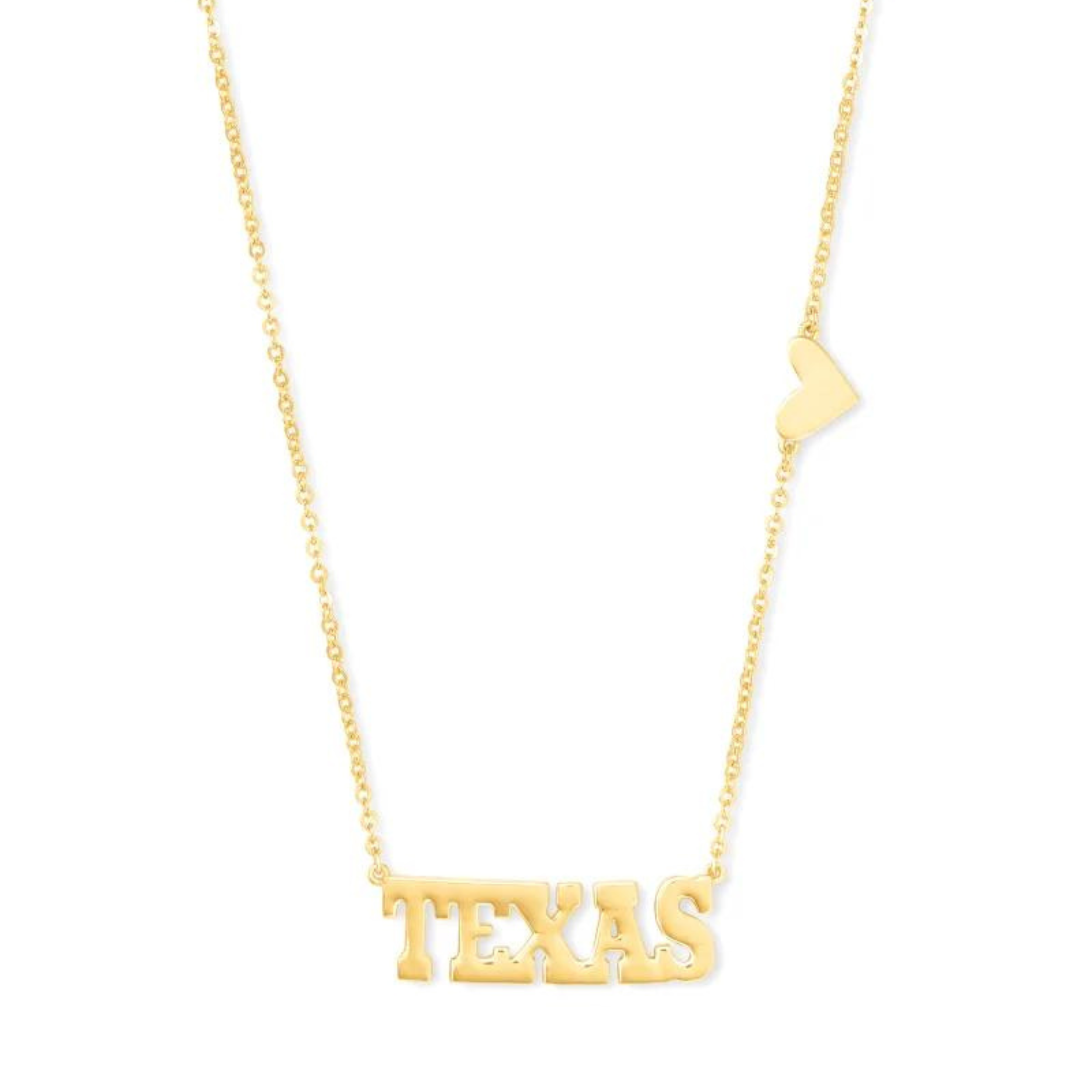 Gold chain necklace with the word texas and a heart, pictured on a white background.